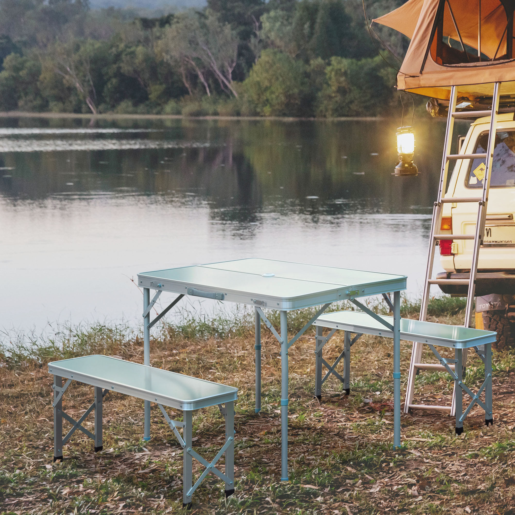 Sportneer Tavolo da Campeggio Pieghevole e Portatile, Regolabile in Altezza, 60×40 cm, con Ripiano in Rete, 2 Altezze, Tavolino da Esterno per Campeggio, Picnic, Spiaggia, Cortile, Nero