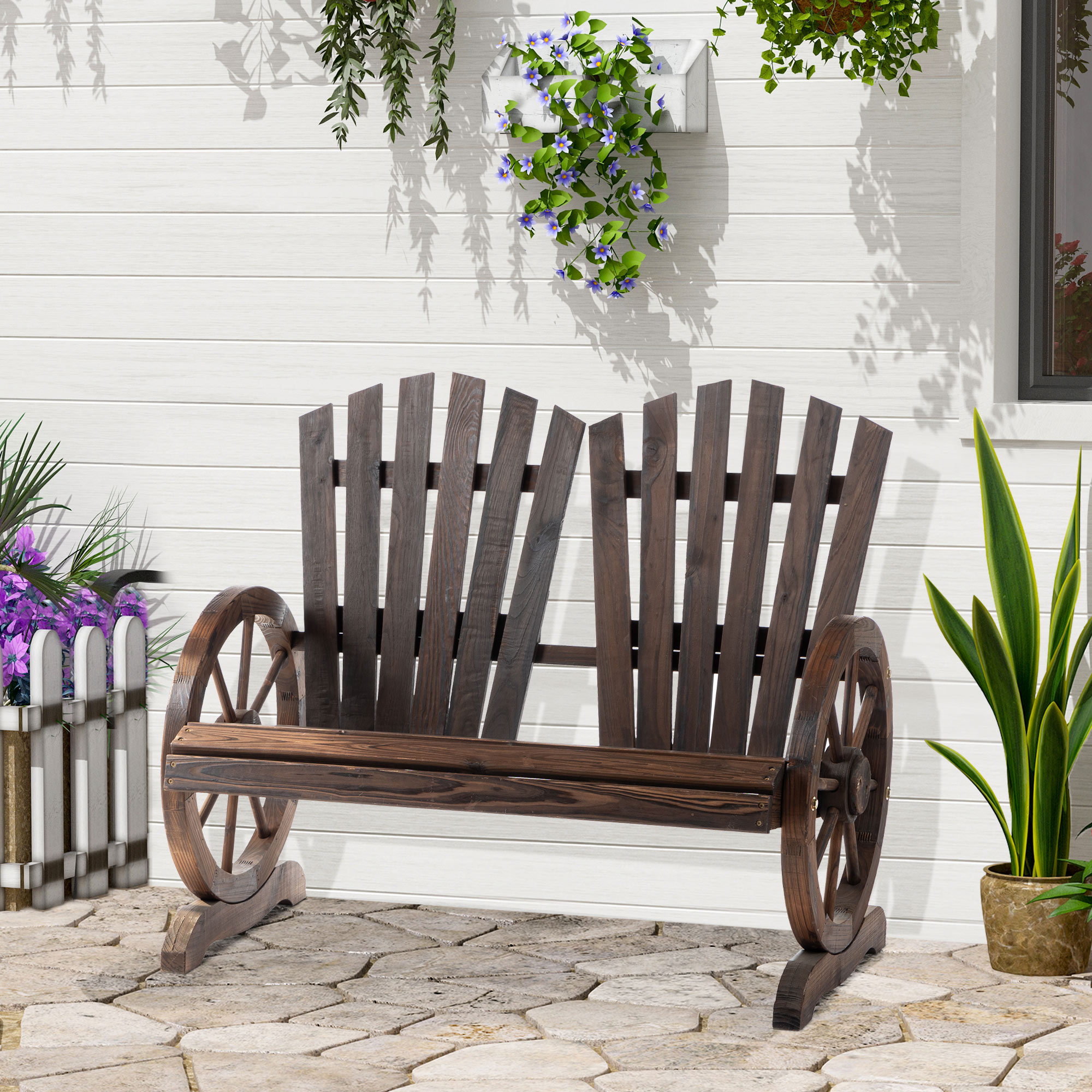 Fabriquer Un Banc De Jardin Original Outsunny Banc de Jardin 2 Places Adirondack Style Rustique Chic accoudoirs  Roues Charette Bois Sapin traité carbonisation | Aosom France