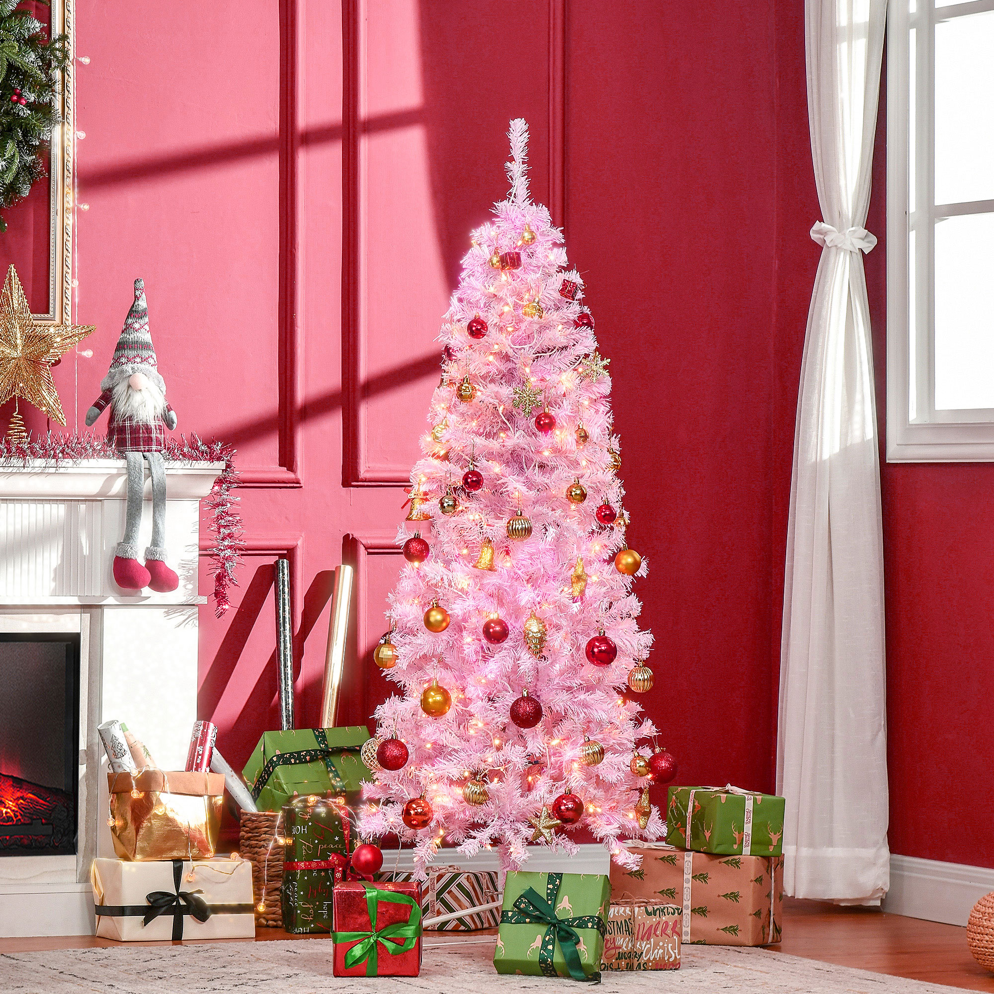 HOMCOM 6' Tall Prelit Pencil Slim Artificial Christmas Tree with Realistic Branches, 300 Warm White LED Lights and 618 Tips, Xmas Decoration, Pink