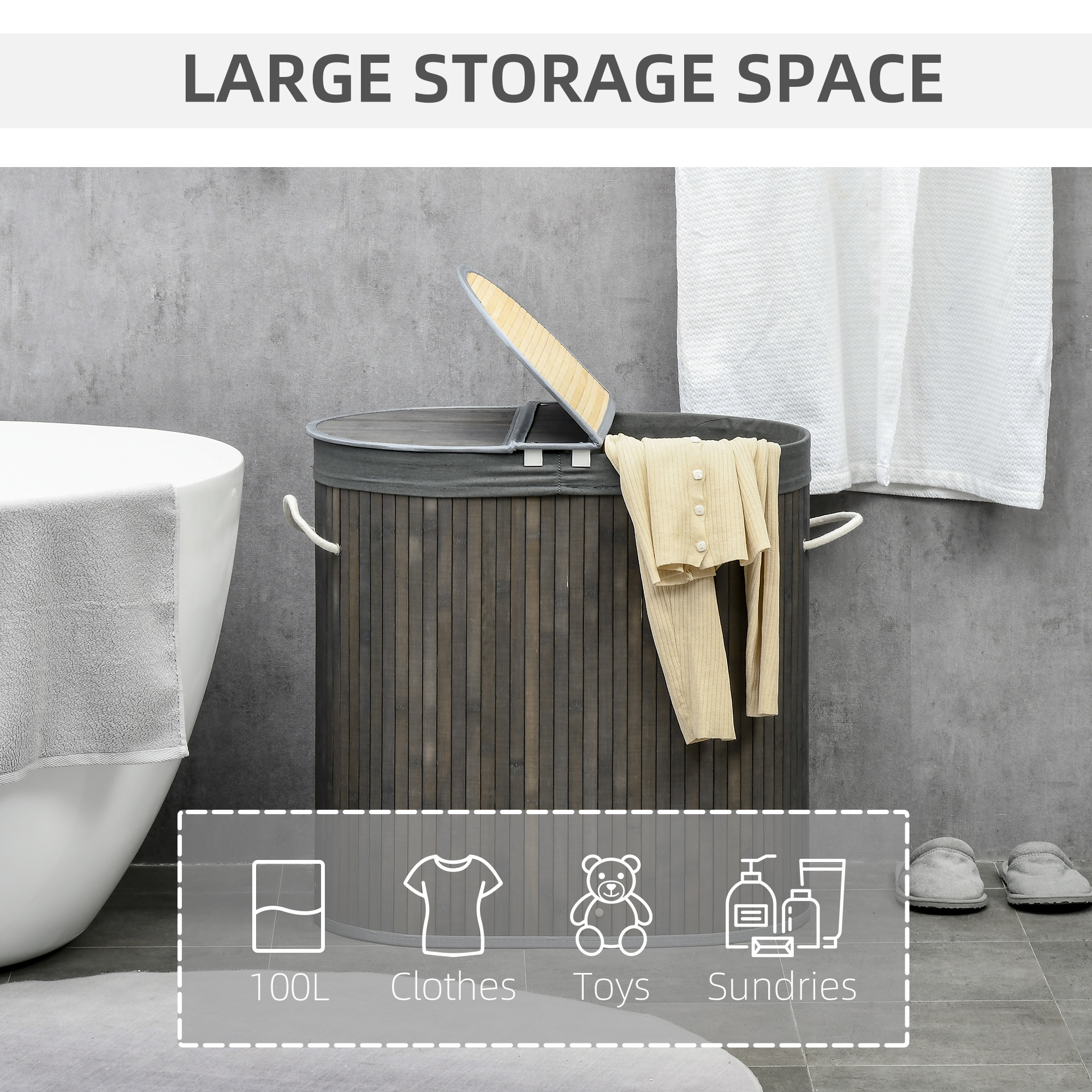 HOMCOM Bamboo Laundry Hamper 100L with Lid, Dual Compartment Clothes Basket with Removable Liner, Grey