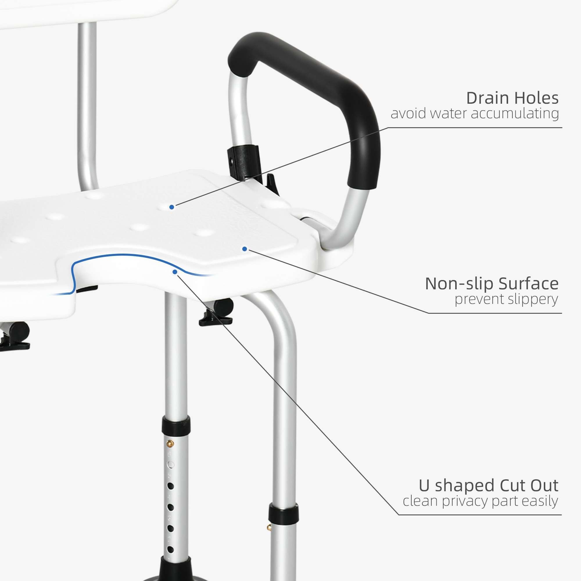 HOMCOM Shower Chair for the Elderly and Disabled, Height Adjustable Shower Stool with Back and Flipped Padded Arms, Suction Foot Pads, White
