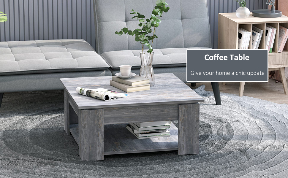 Large Square Coffee Table, Wood, 2 Tier, Bottom Shelf Storage