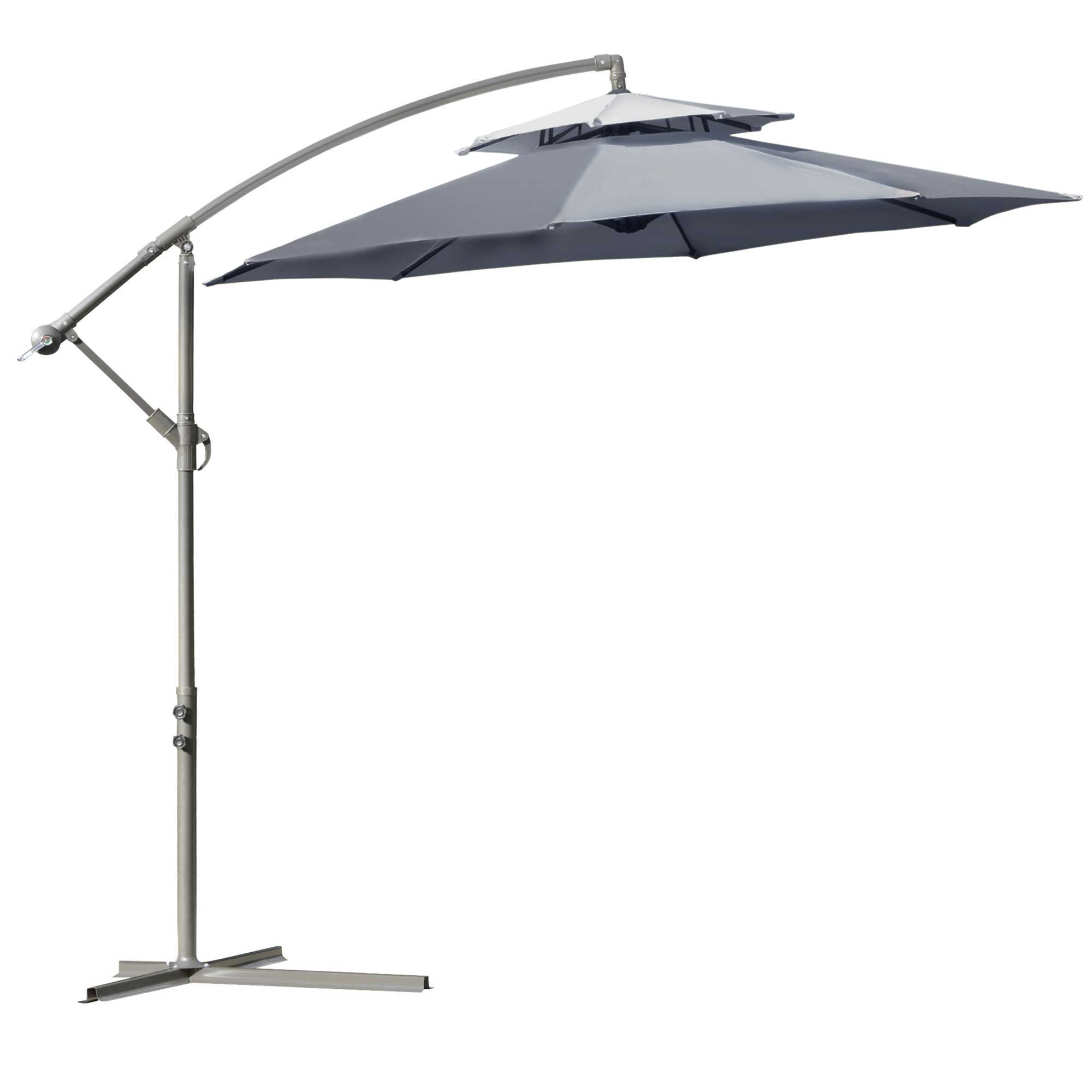 Outsunny Sombrilla de Jardín Ø267 cm Parasol Inclinable con Doble Techo Manivela 8 Costillas de Acero y Base Cruzada Protección Solar Gris