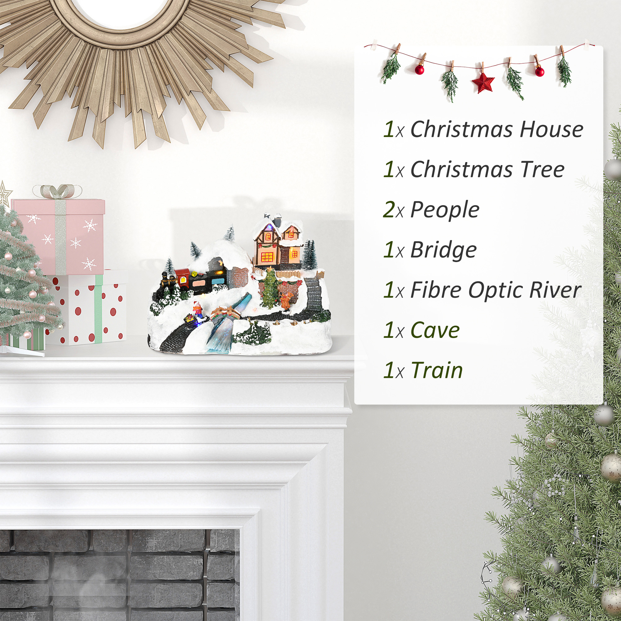 HOMCOM Animated Christmas Village Scene, Battery-Operated Musical Holiday Decoration with LED Light, Fibre Optic River, Moving Train for Tabletop