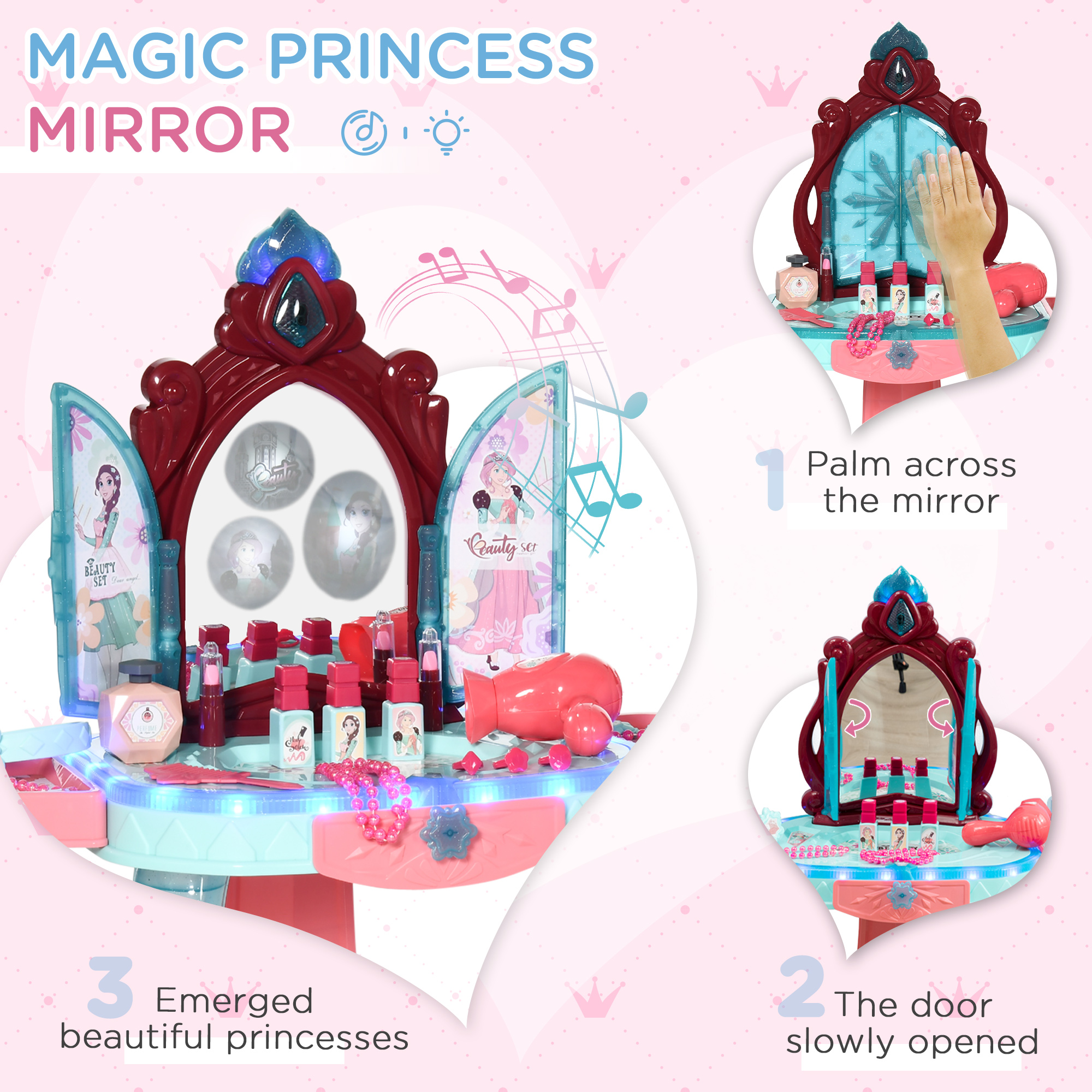 HOMCOM 31 Piece Children's Dressing Table Set with Enchanted Princess Mirror, Musical and Light-Up Beauty Kit, for Ages 3-6, Blue and Pink