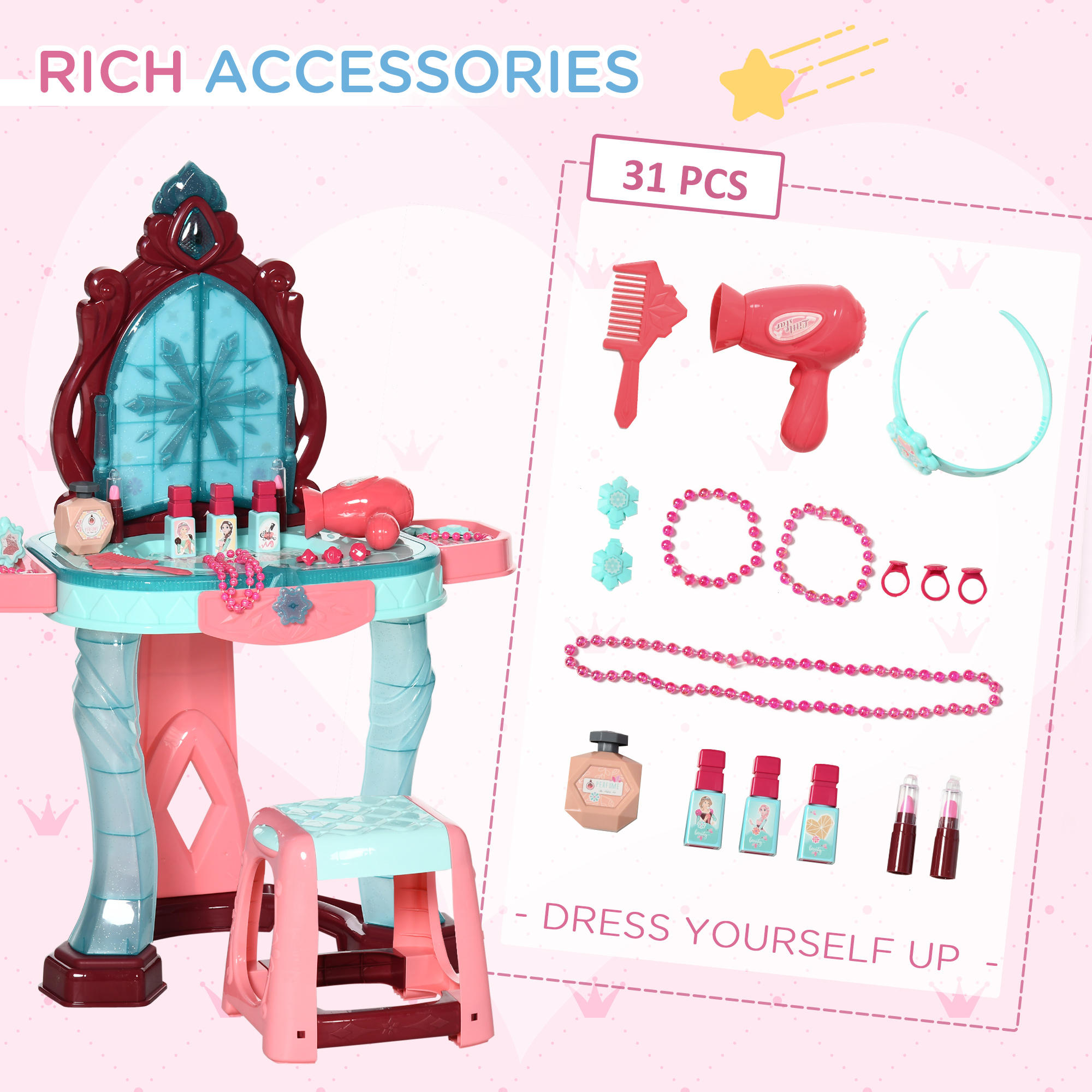 HOMCOM 31 Piece Children's Dressing Table Set with Enchanted Princess Mirror, Musical and Light-Up Beauty Kit, for Ages 3-6, Blue and Pink