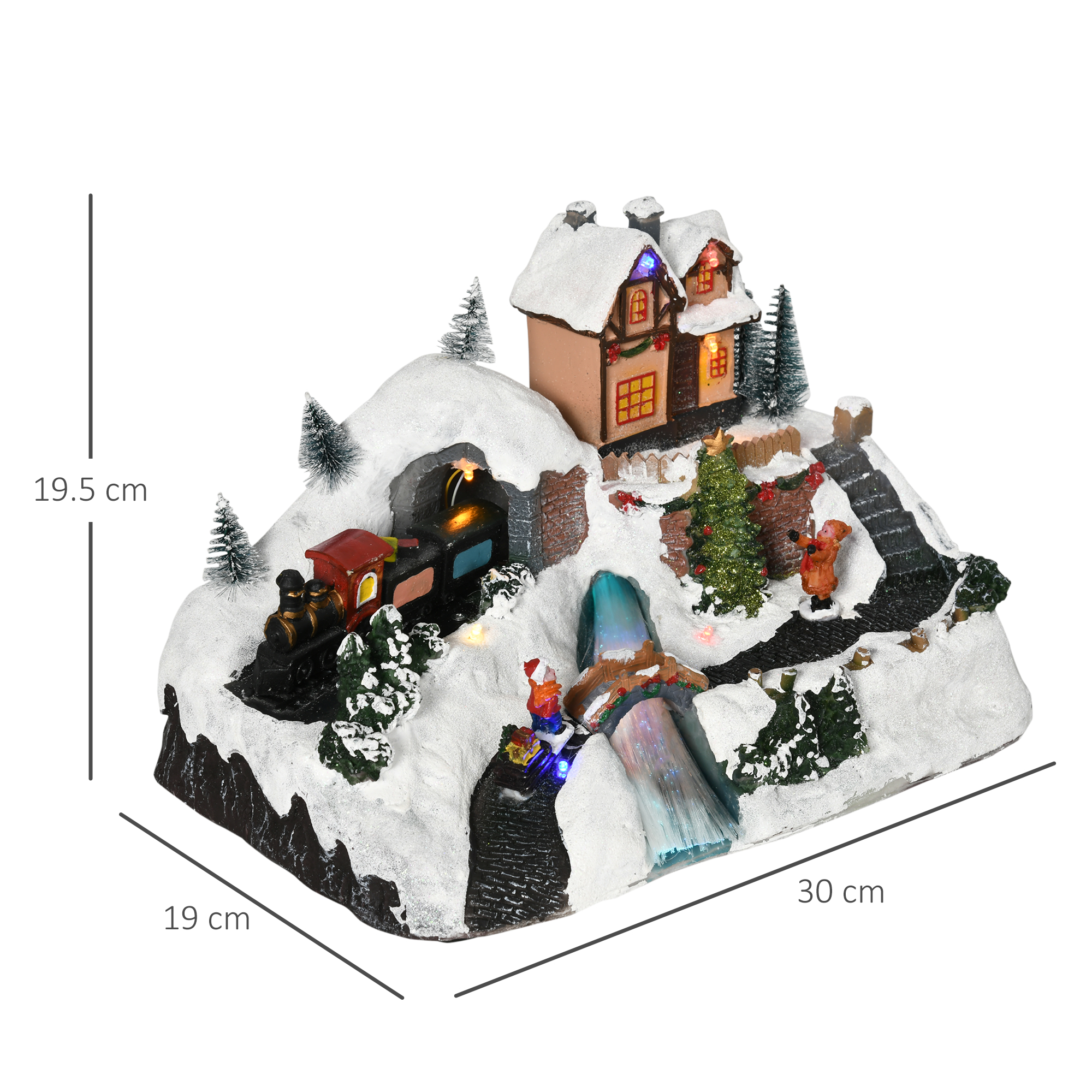 HOMCOM Animated Christmas Village Scene, Battery-Operated Musical Holiday Decoration with LED Light, Fibre Optic River, Moving Train for Tabletop