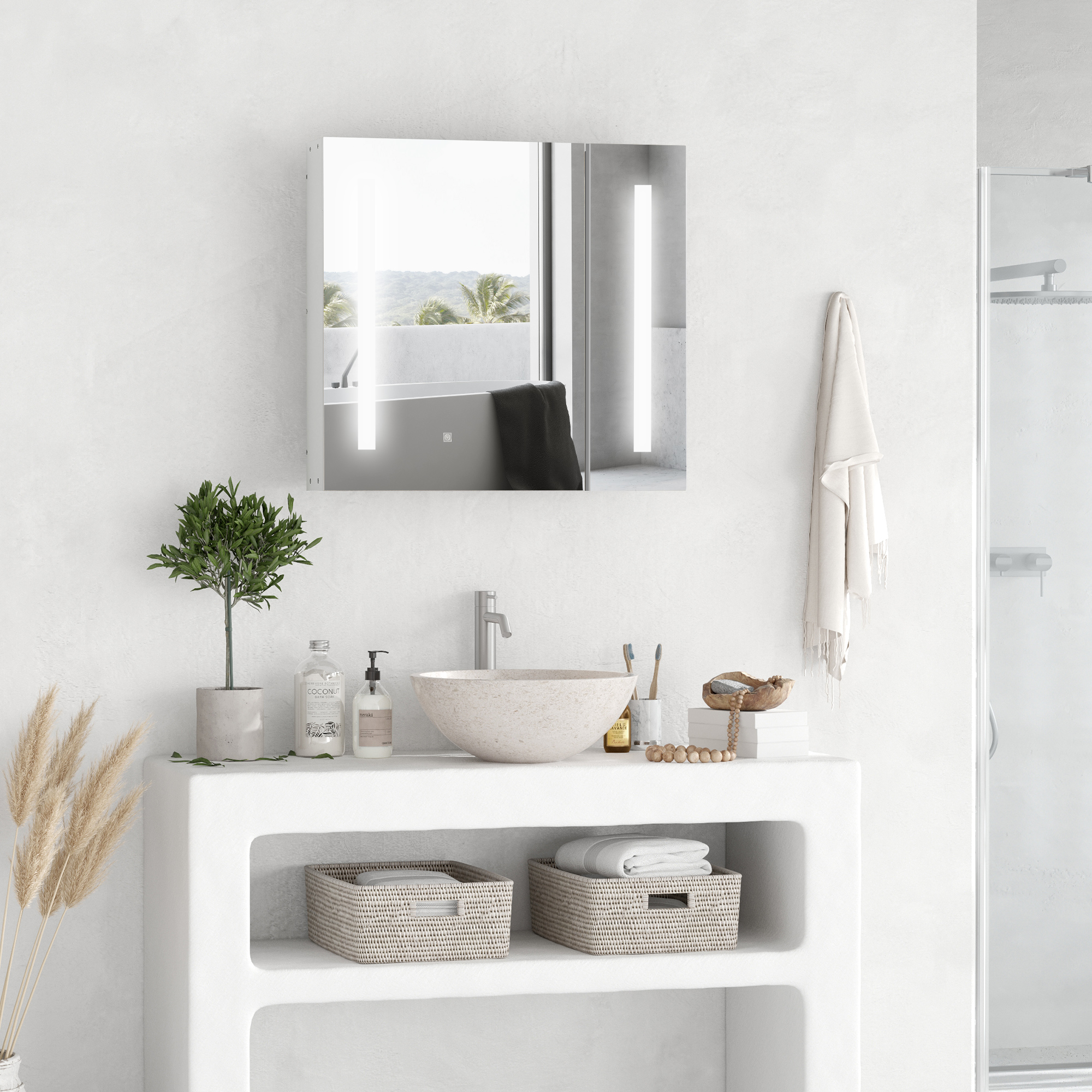 Kleankin Wall Mounted Bathroom Cabinet with LED Lights, Illuminated Mirror Cabinet, Adjustable Shelf, Touch Switch, USB Charge, White.