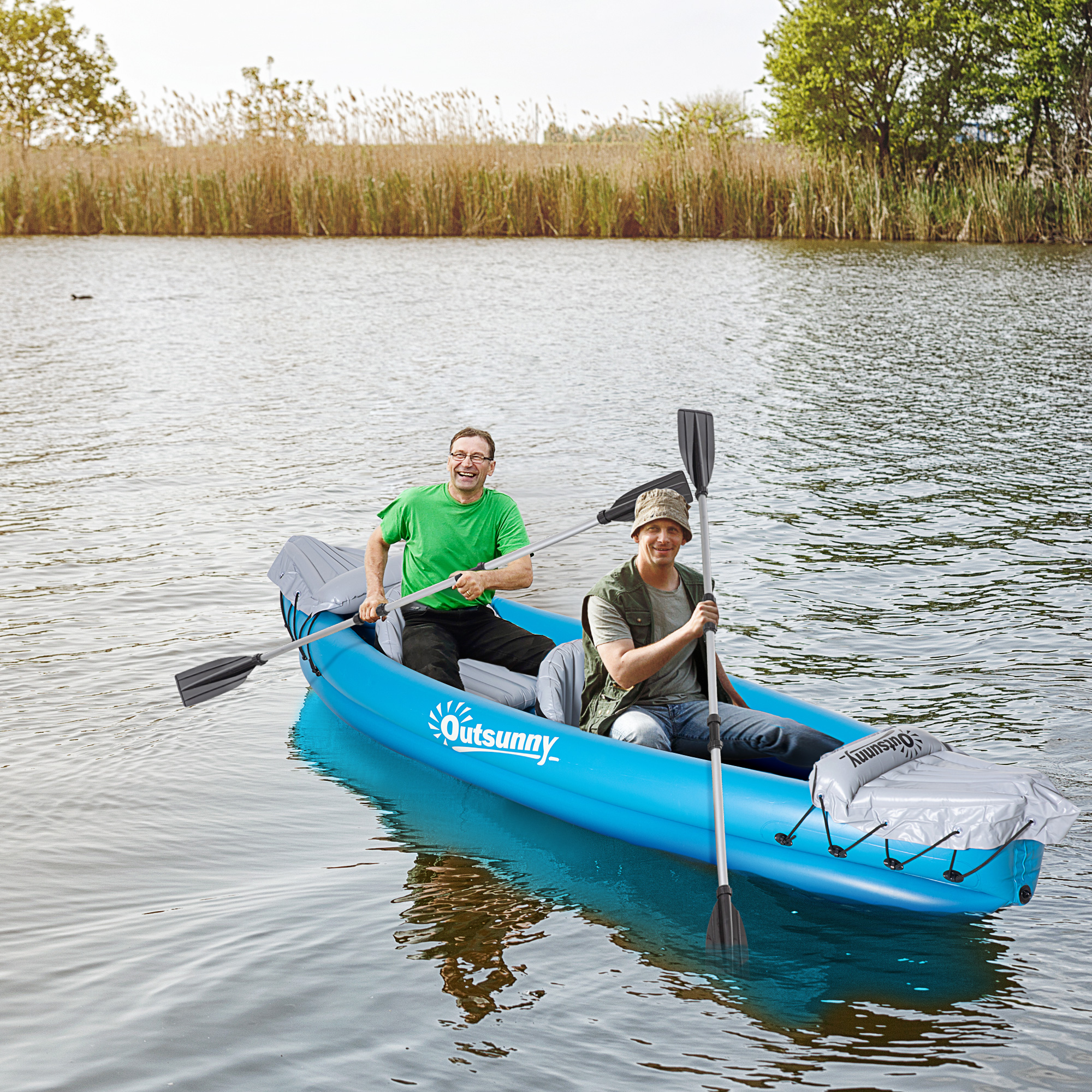 Outsunny Inflatable Kayak 2-Person Inflatable Boat Canoe Set w/ Air Pump, Aluminium Oars, Blue, 330x105x50cm