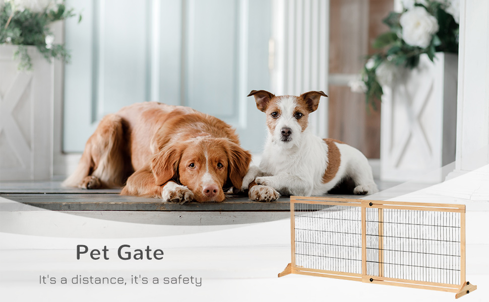 PawHut Adjustable Wooden Pet Gate, Freestanding Dog Barrier Fence with