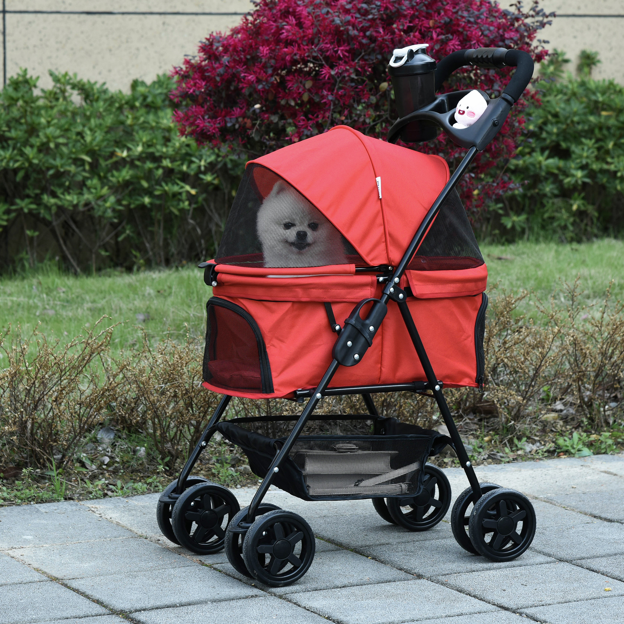 PawHut opvouwbare hondenbuggy met 4 dubbele wielen remmen flessenhouders en vloermand rood geschikt voor kleine hondenrassen | Aosom.nl