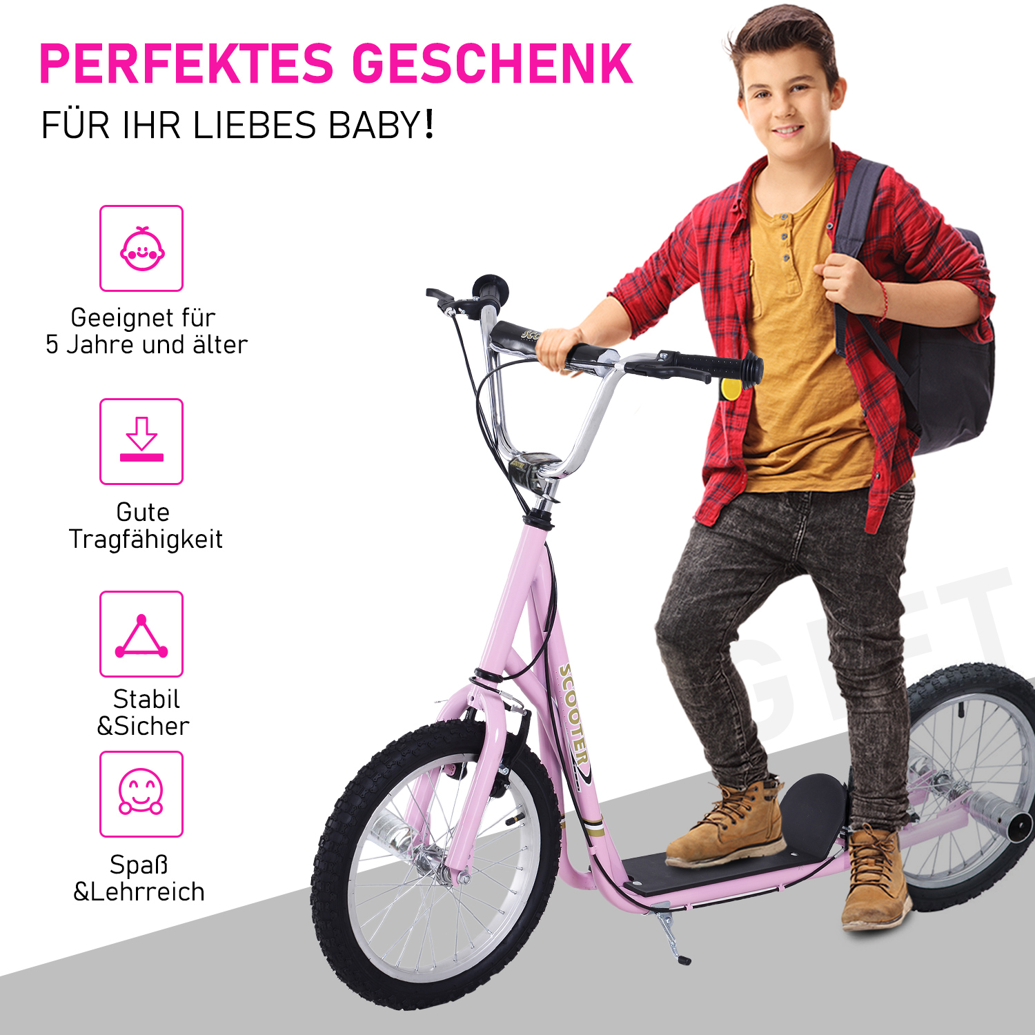 HOMCOM Kinderroller Scooter Tretroller Cityroller Kickscooter Roller Kinder Kickboard mit Luftreifen und Handbremse Scooter Kinder ab 5 Jahre 16 Zoll Grün 139 x 58 x 90-96 cm