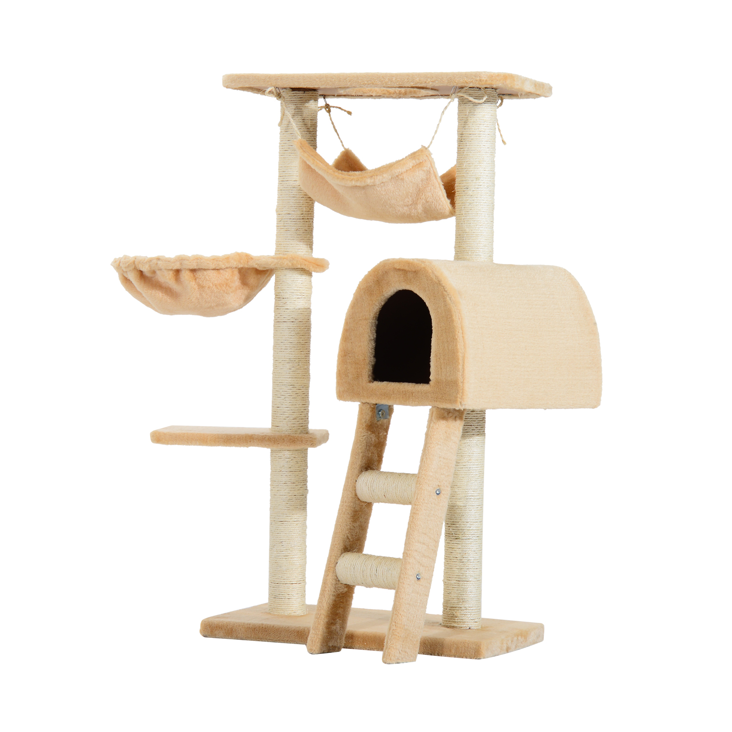 PawHut Árbol para Gatos Rascador 55x30x100 cm con Poste para Arañar Nido Cesta Hamaca Plataforma Caseta y Escalera de Terciopelo y Sisal Natural Beige