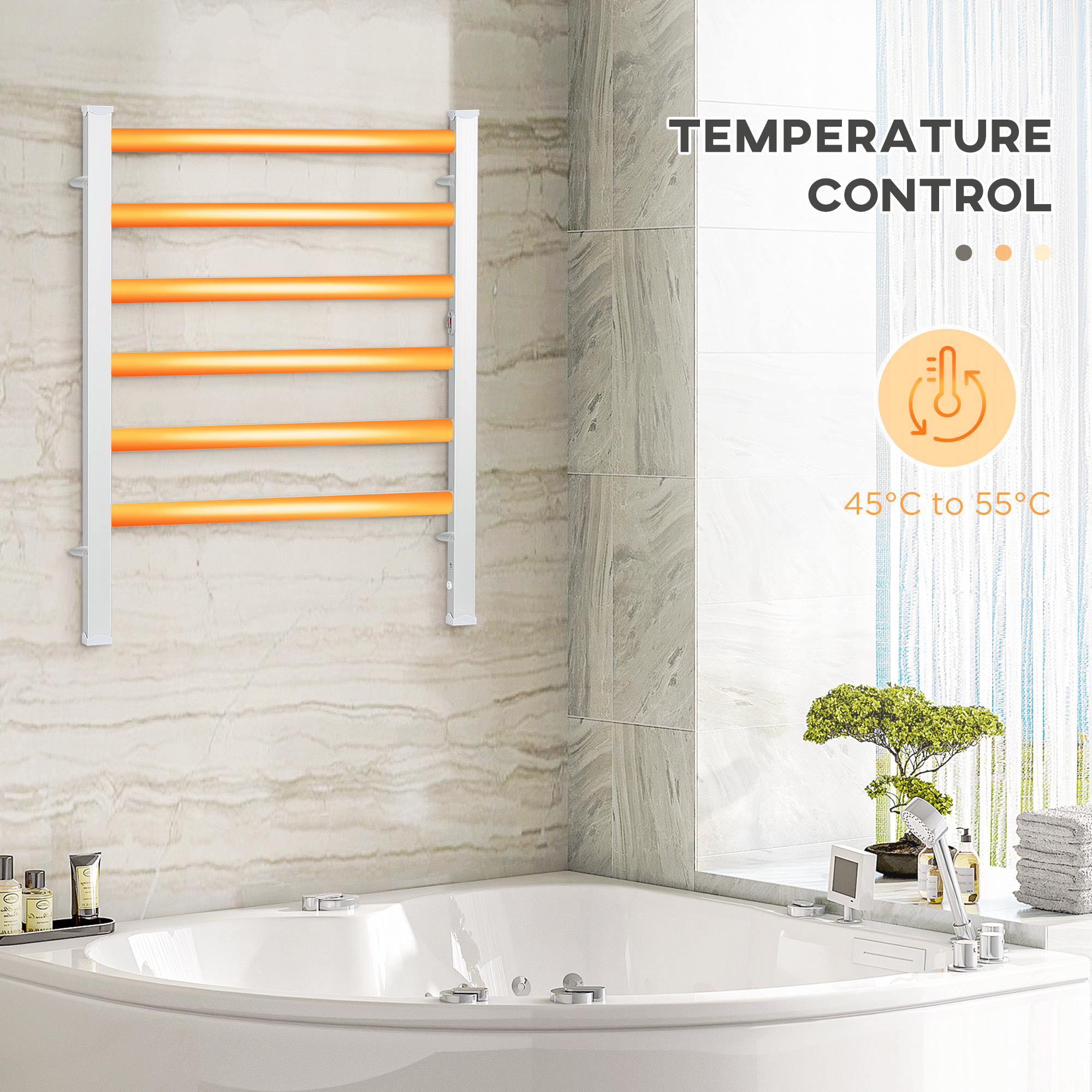 HOMCOM Electric Towel Warmer, 6 Bar Aluminum Heated Towel Rail, Wall Mounted & Free Standing Towel Drying Rack for Bathroom, Plug-in, Silver
