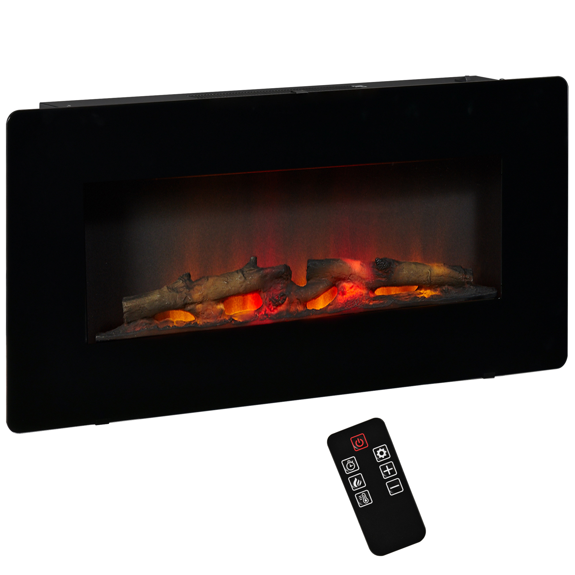 HOMCOM Elektrokamin Standkamin Kaminofen mit Flammeneffekt 1800/2000W Metall gehärtetes Glas Schwarz 91,4 x 11 x 44 cm