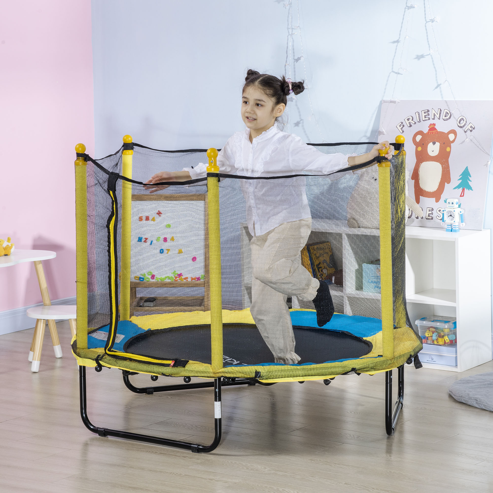 HOMCOM 4.6FT / 55 Inch Kids Trampoline with Enclosure Safety Net Pads Indoor Trampolines for Child 3-10 Years Old, Yellow