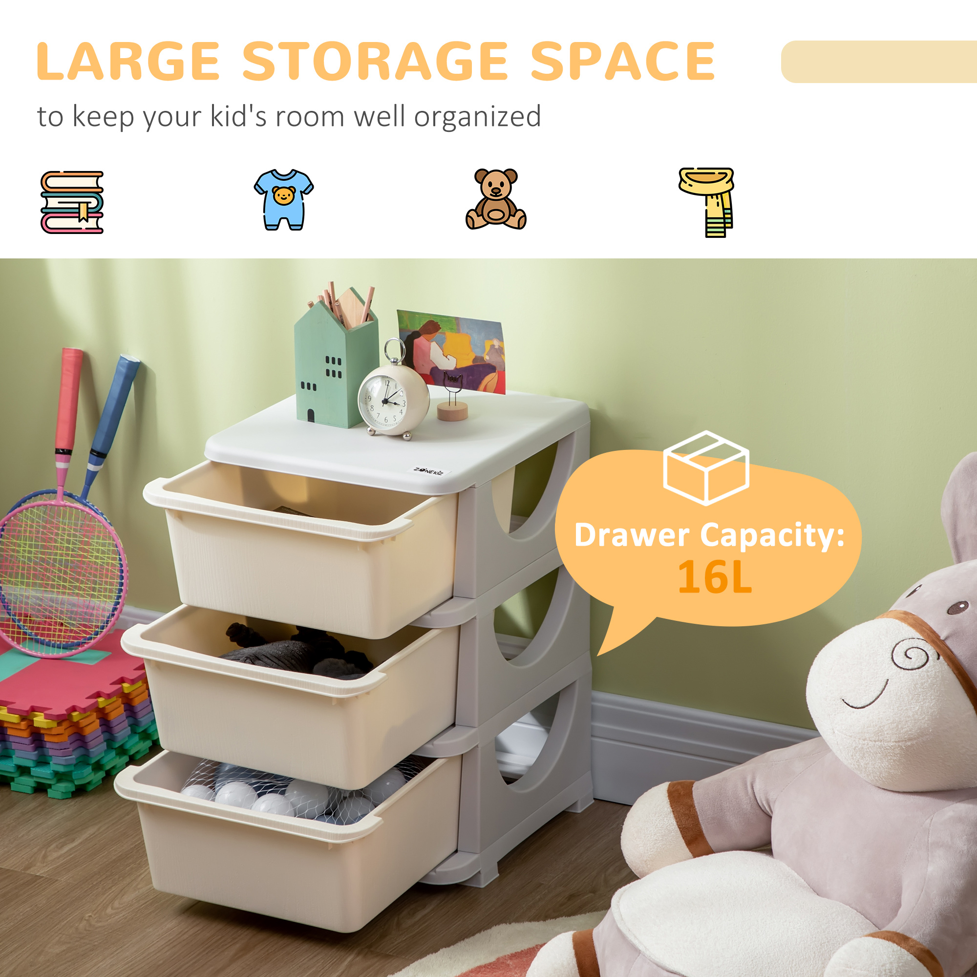 ZONEKIZ Kids Storage Units with Drawers 3 Tier Chest Vertical Dresser Tower Toy Organiser for  Nursery Playroom Kindergarten White