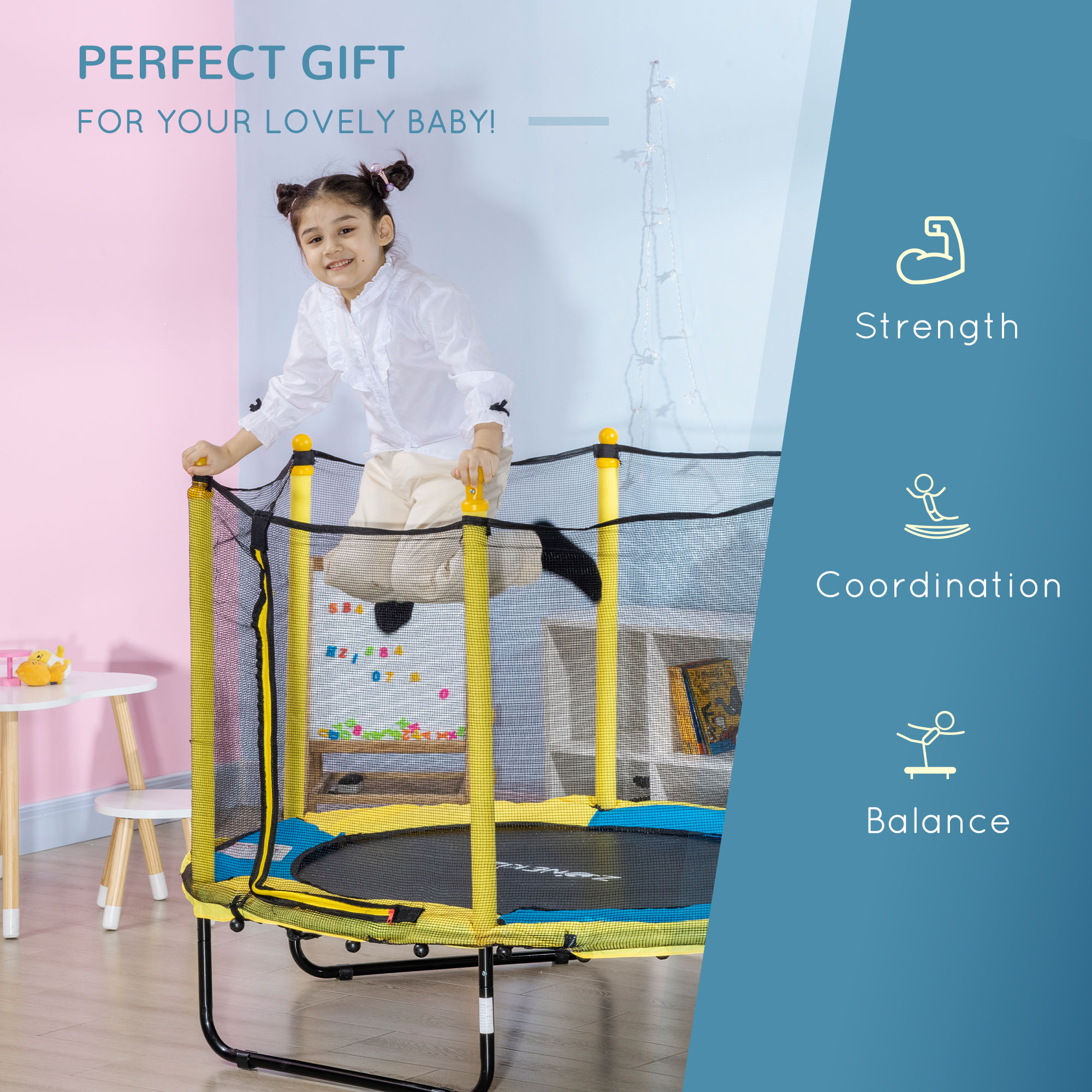 HOMCOM 4.6FT / 55 Inch Kids Trampoline with Enclosure Safety Net Pads Indoor Trampolines for Child 3-10 Years Old, Yellow