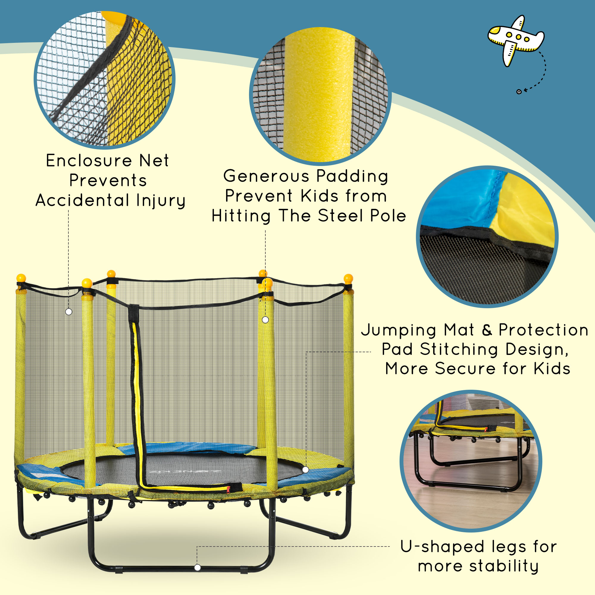 HOMCOM 4.6FT / 55 Inch Kids Trampoline with Enclosure Safety Net Pads Indoor Trampolines for Child 3-10 Years Old, Yellow