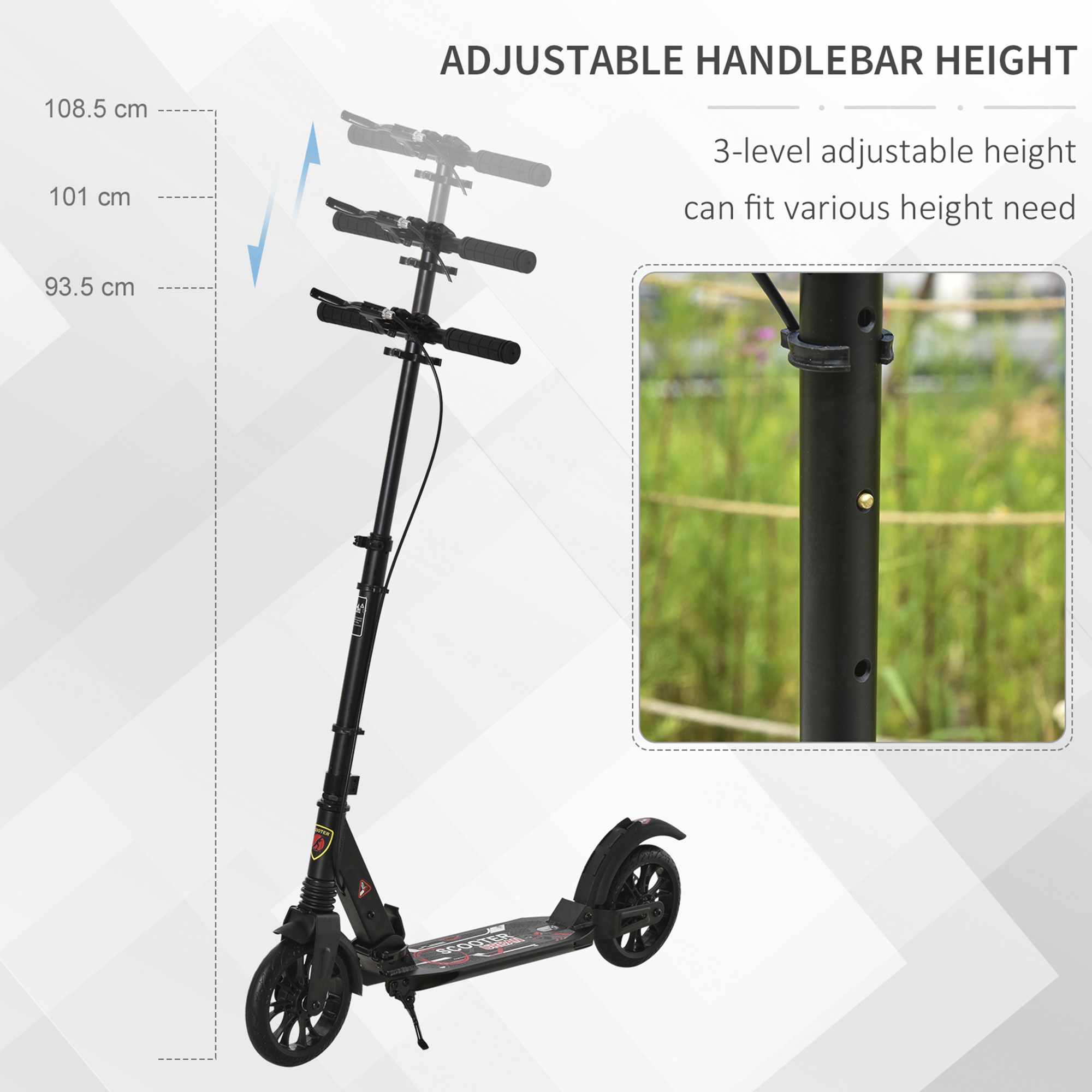 HOMCOM Adult Teens Kick Scooter Foldable Height Adjustable Aluminum Ride On Toy for 14+ with Rear Wheel & Hand Brake, Shock Mitigation System - Black