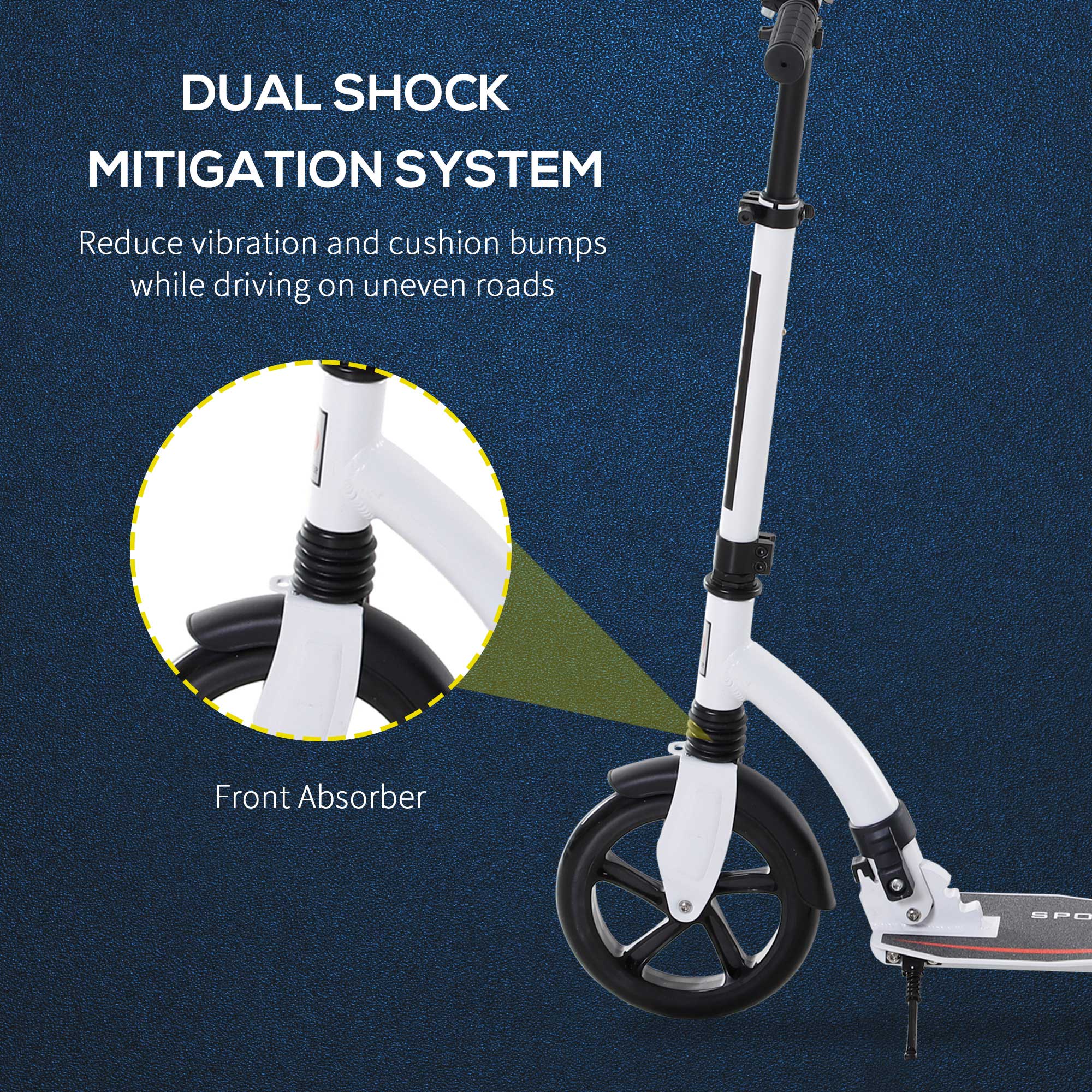HOMCOM Teens Adult Kick Scooter w/ Shock Absorption Mechanism Foldable Adjustable Height Aluminium Frame Ride On Toy for 14+ - White
