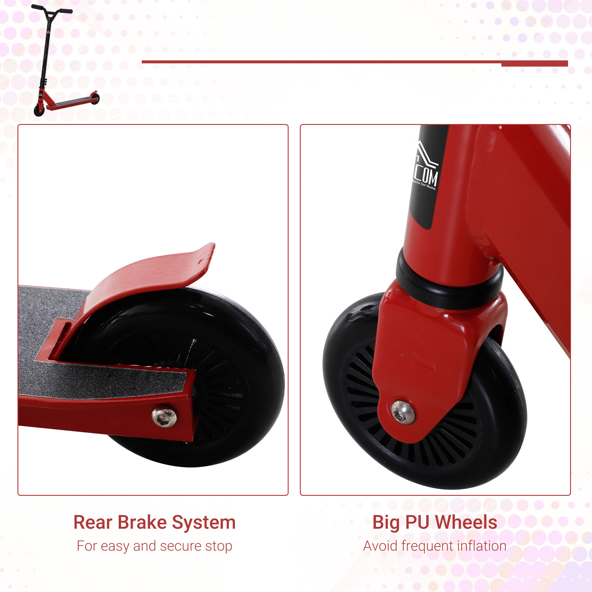 HOMCOM Teens Adult Street Stunt Kick Scooter Intermediate and Beginner Freestyle Tricks Scooters For 14+ w/ Rear Ï†10cm Wheel&Brake - Red