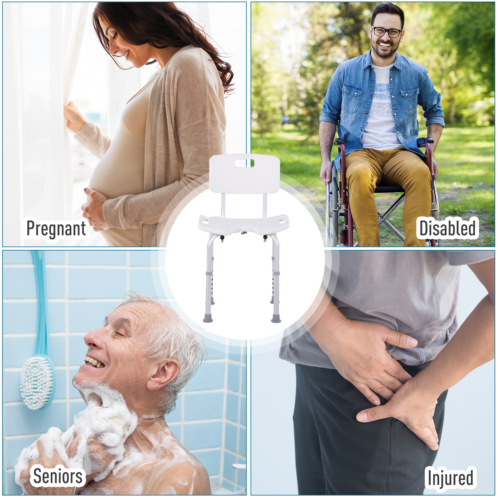 HOMCOM 8-Level Height Adjustable Bath Stool Spa Shower Chair Aluminum w/ Non-Slip Feet and Handle, Load Capacity 136kg