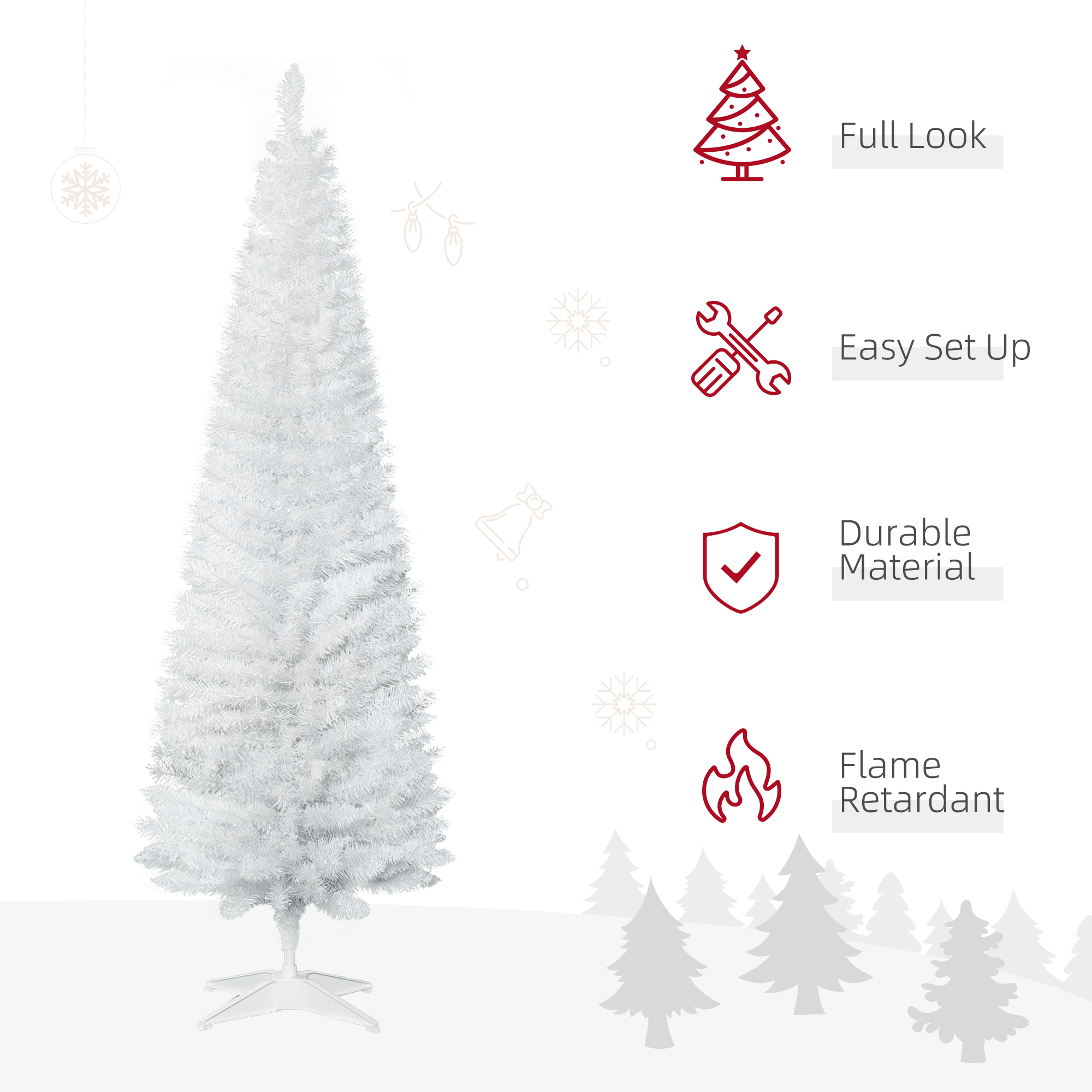HOMCOM 1.8m 6ft Artificial Pine Pencil Slim Tall Christmas Tree with 390 Branch Tips Xmas Holiday DÃ©cor with Stand White