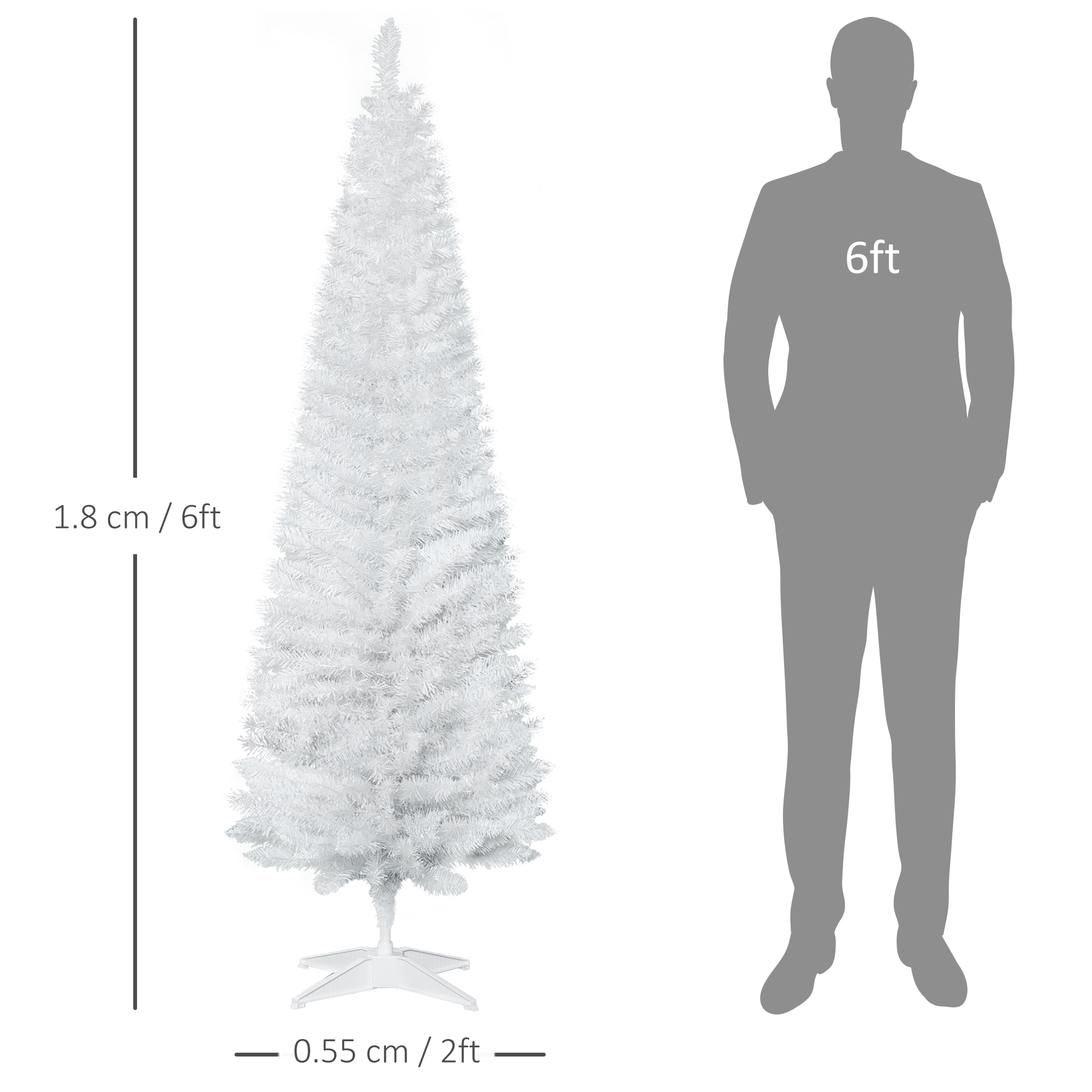 HOMCOM 1.8m 6ft Artificial Pine Pencil Slim Tall Christmas Tree with 390 Branch Tips Xmas Holiday DÃ©cor with Stand White