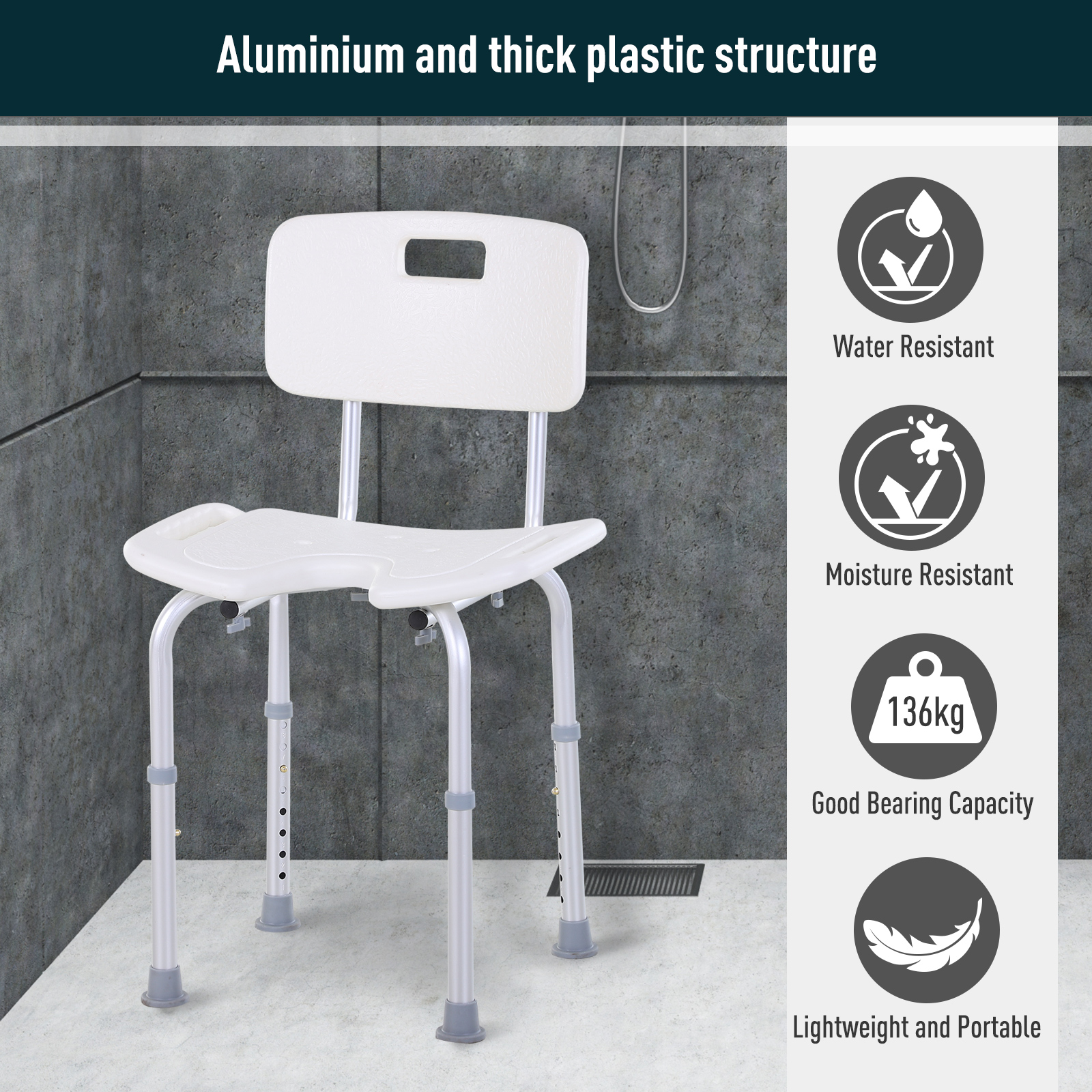 HOMCOM 8-Level Height Adjustable Bath Stool Spa Shower Chair Aluminum w/ Non-Slip Feet and Handle, Load Capacity 136kg