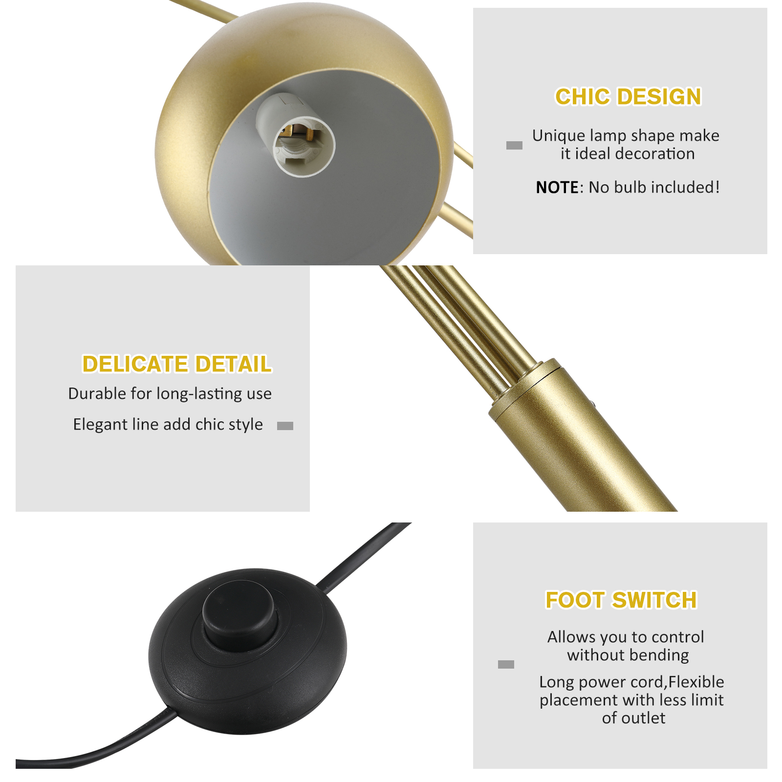 HOMCOM 3-Branch Futuristic Floor Lamp Metal Frame Multi-Light Shade Adjustable Rotating w/ Marble Base, 198cm, Gold