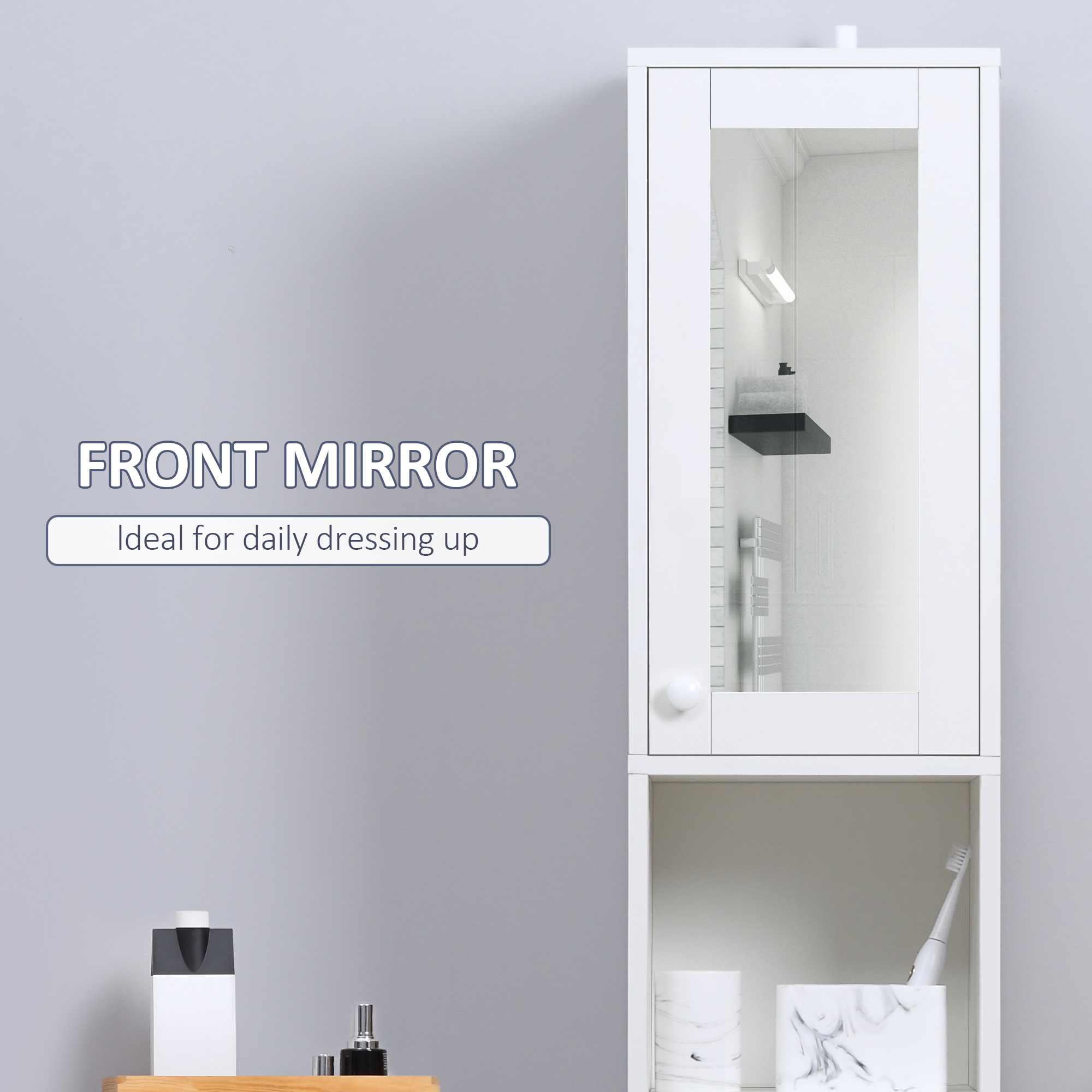 kleankin Tall Bathroom Storage Cabinet with Mirror, Narrow Freestanding Floor Cabinet with Adjustable Shelves
