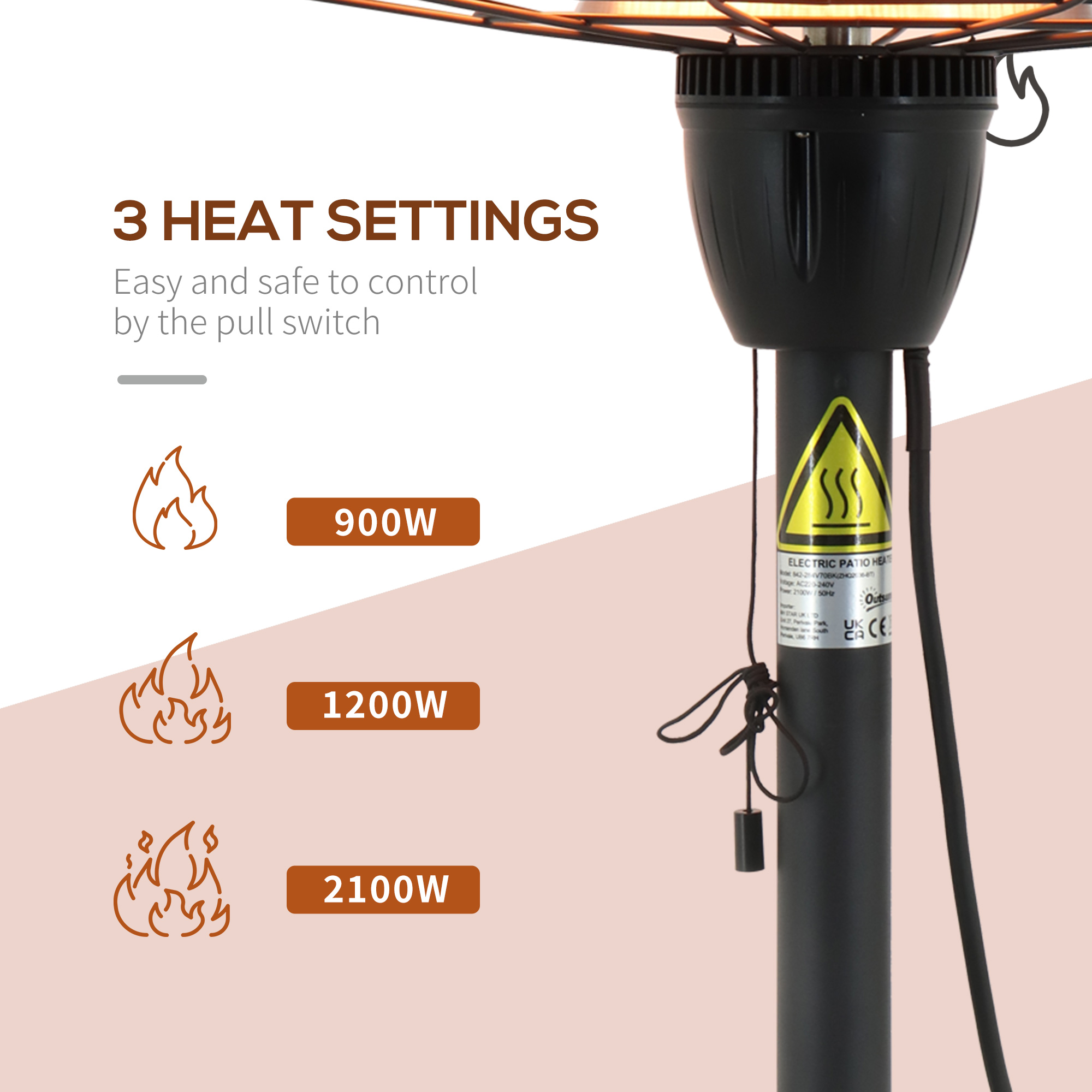 Outsunny Electric Table Top Patio Heater 2.1kW, Infrared with 3 Heat Settings, Pull Switch, IP44, Black