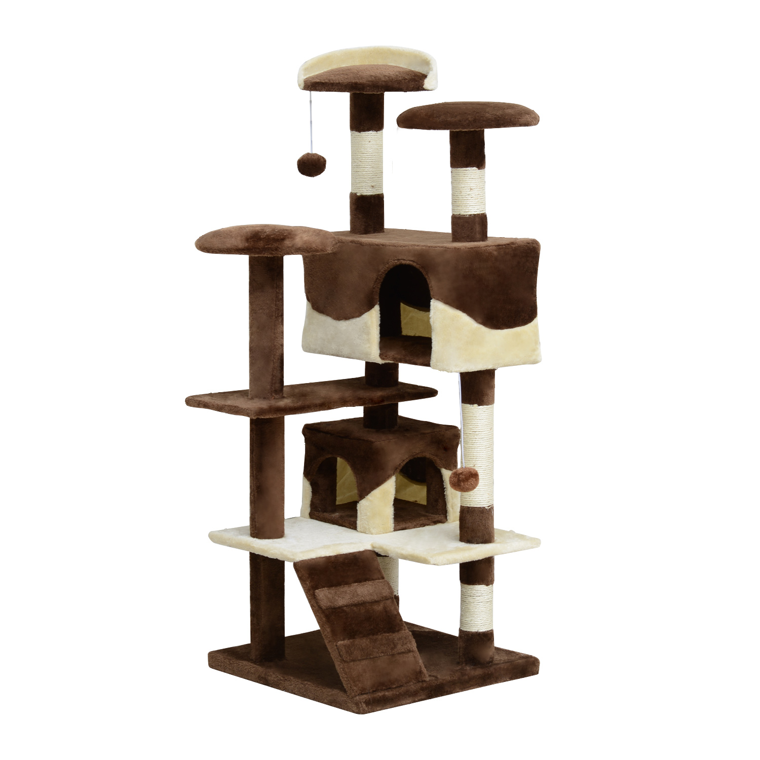 Image of Pawhut Tiragraffi per Gatti in Peluche con Colonna in Sisal ,Cucce e Pallina Albero tiragraffo a 5 liveollo Caffè e Crema, 50x50x132cm