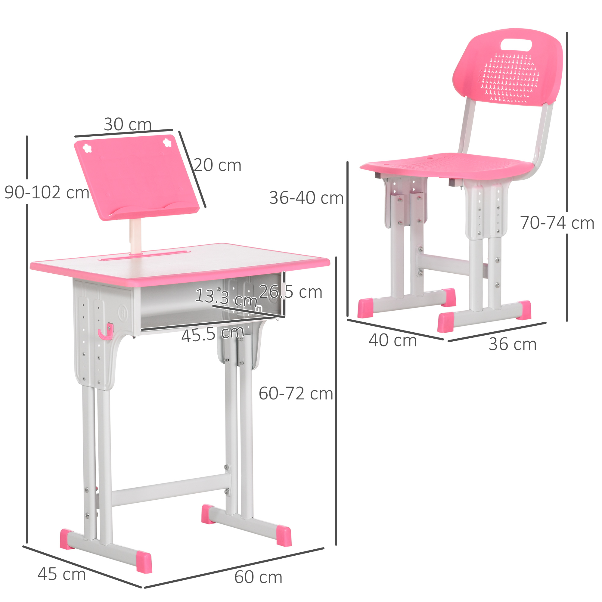 HOMCOM Children's Study Desk and Chair Set, Adjustable Height with Drawer, Bookshelf, Cup Holder & Pen Groove, Pink