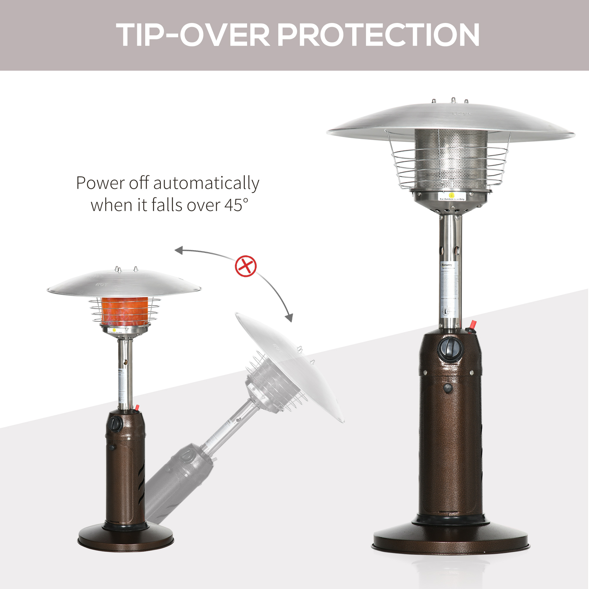 Outsunny Gas Patio Heater with Tip-over Protection, Outdoor Heater with Piezo Ignition, Adjustable Heat, Regulator and Hose for Garden Camping Brown
