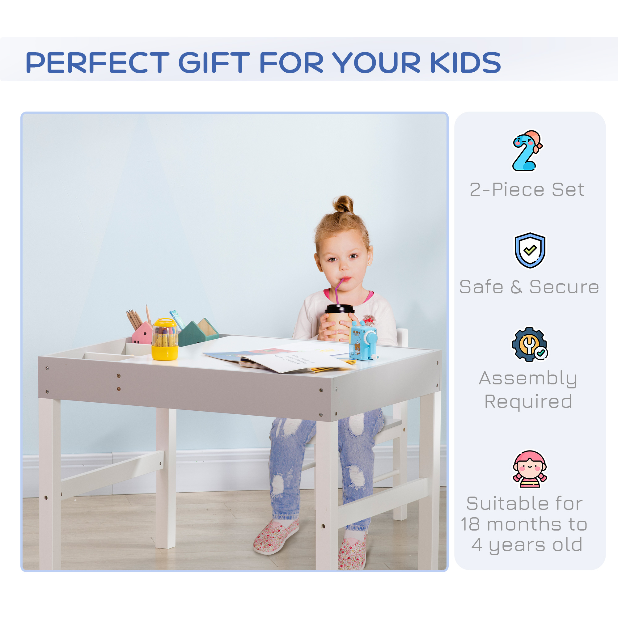 ZONEKIZ Kids Table and Chair Set, with Storage Space - Grey