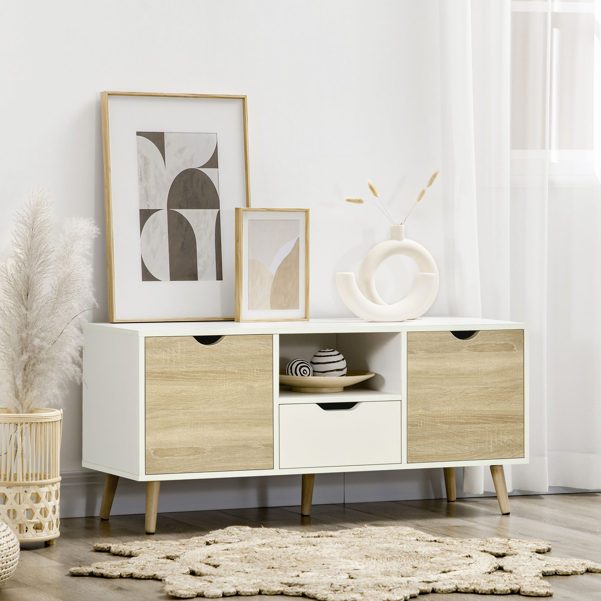 HOMCOM TV Stand Cabinet for TVs up to 50 Inch, Entertainment Center with Storage  Drawer for Living Room and Bedroom, Natural