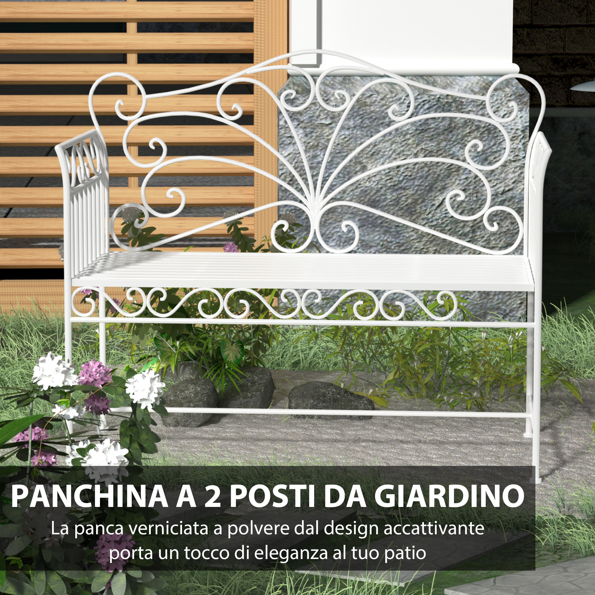 Panchina Da Giardino Outsunny 2 Posti - In Ferro Bianco Stile Romantico 113.5x50x96 Cm