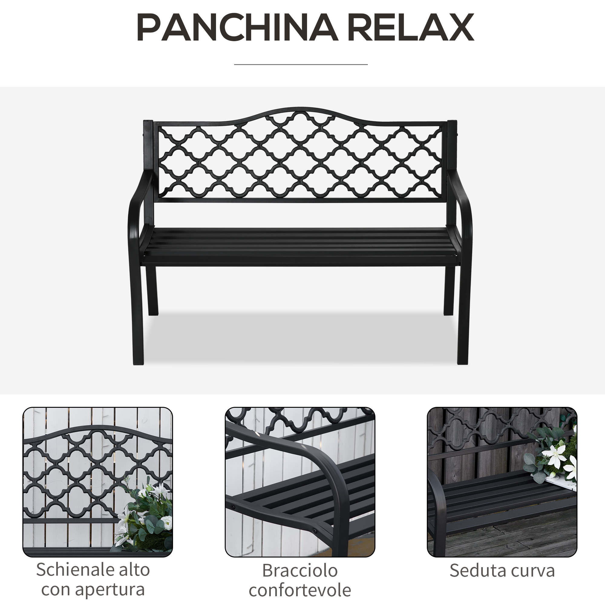 Outsunny Panca Da Giardino 2 Posti In Metallo Grigio – Con Braccioli, Impilabile, Portata 220 Kg, 115,5x54x96 Cm – Per Esterno, Balcone, Terrazza