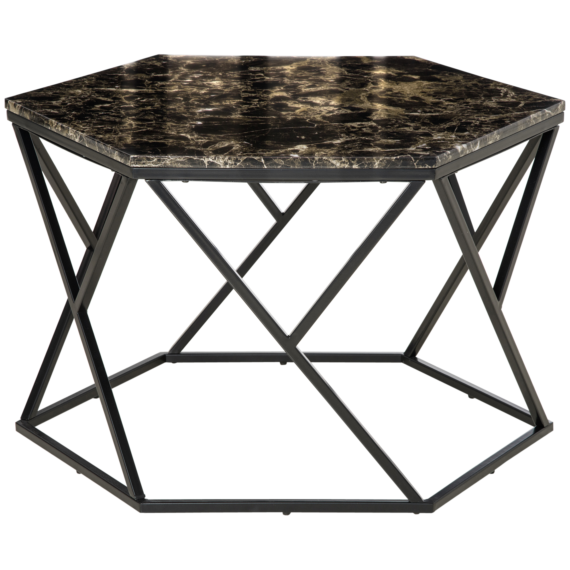 HOMCOM Table basse hexagonale avec plateau MDF aspect marbre et piètement graphique en métal noir dim. 81L x 70l x 51,2H cm   Aosom France