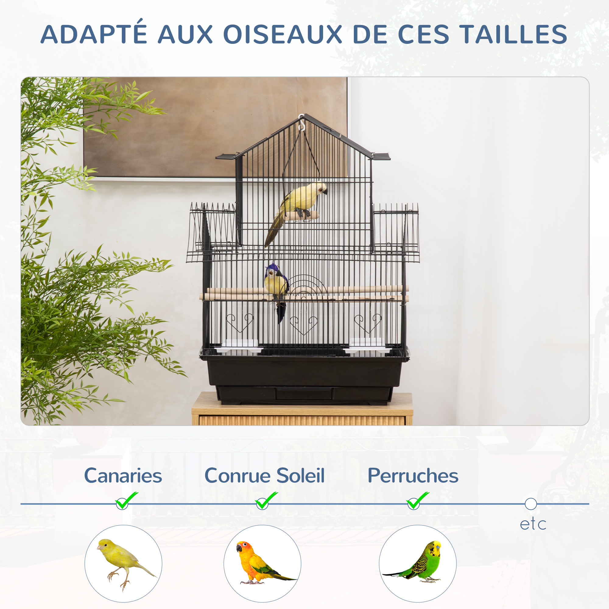 PawHut Cage à oiseaux design maison mangeoires perchoirs 3 portes plateau  excrément amovible + poignée transport noir