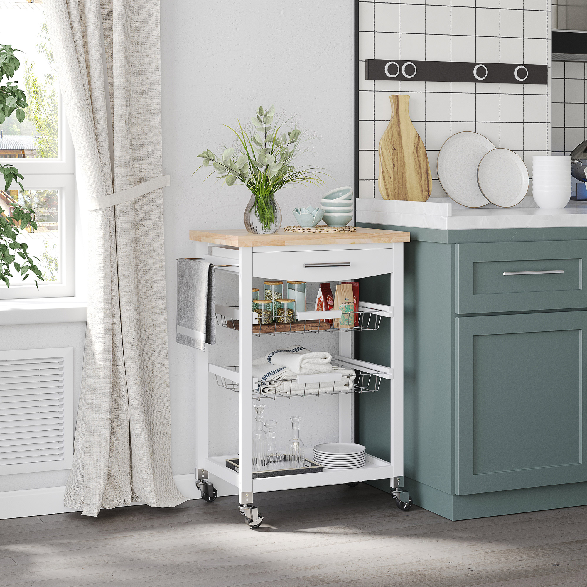 Desserte Cuisine Desserte Roulante HOMCOM - 2 Niveaux, Plateau Bois - 40x30x62 Cm - Acier Et Marron Buffet Roulant