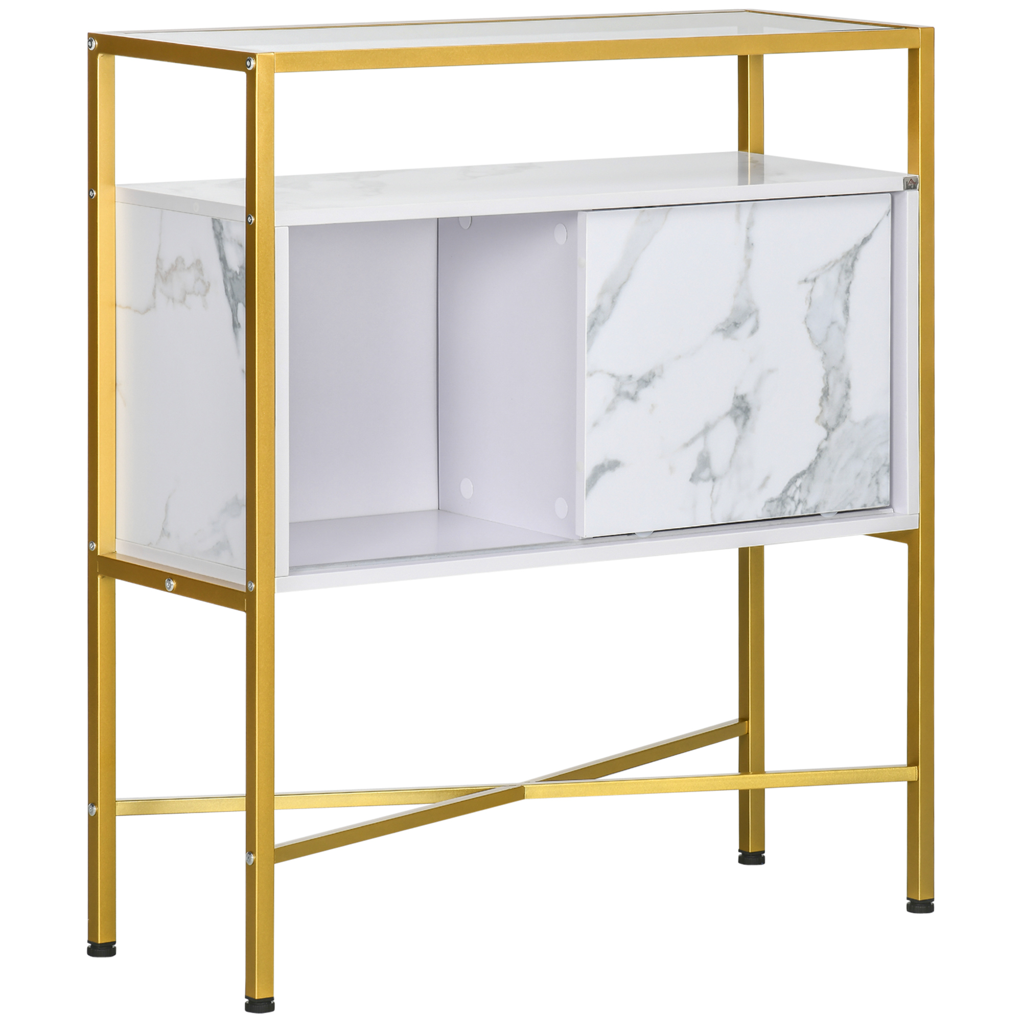 HOMCOM Mesa Consola de Entrada con Encimera de Vidrio Templado y Compartimiento con Puerta Corredera 80x30x90 cm Blanco