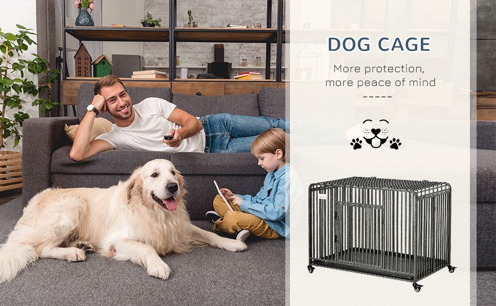 PawHut Foldable Heavy Duty Dog Crate, Dog Cage on Wheels, Portable Dog