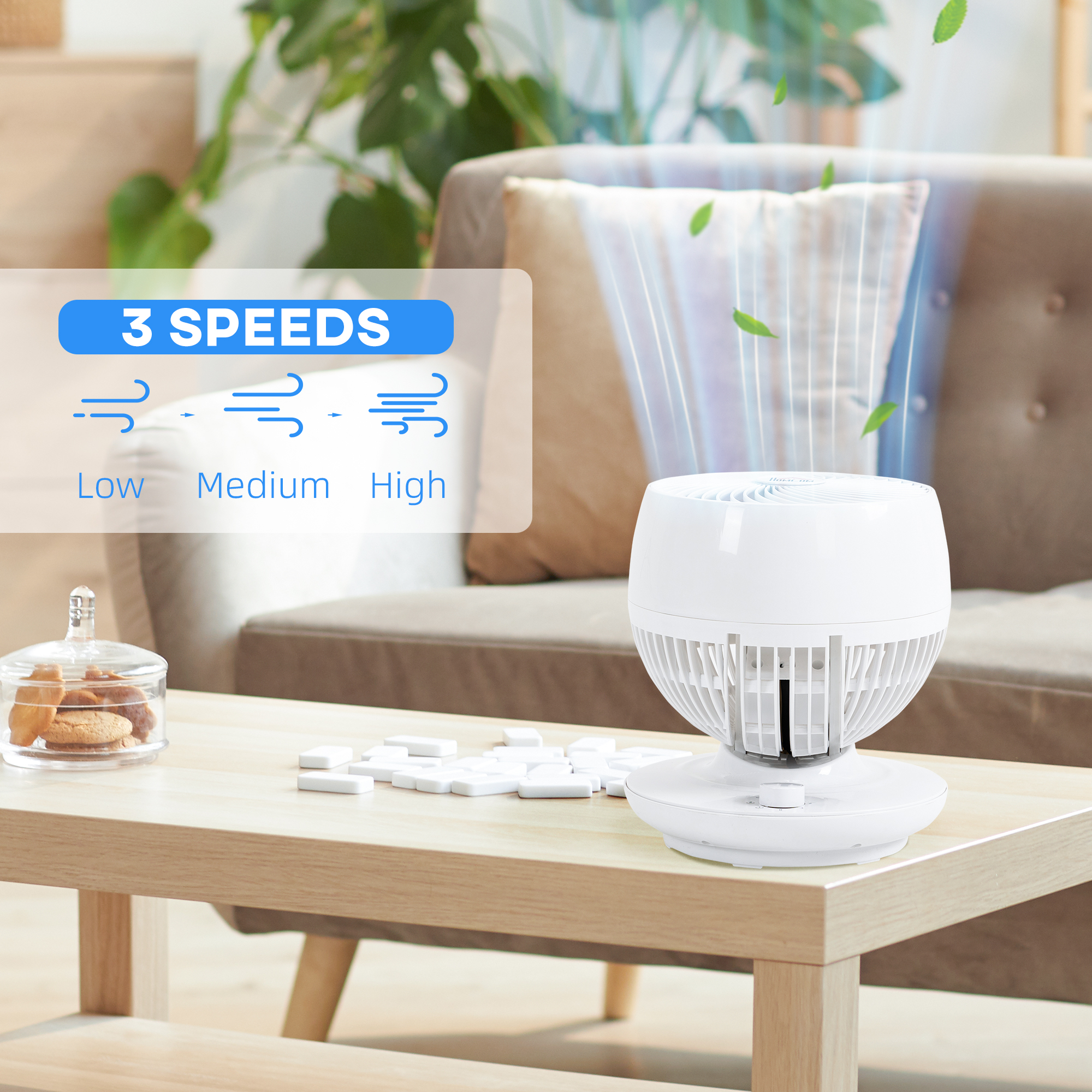  Ventilator pentru flux de aer cu 3 viteze, oscilare la 70° inclinare la 90°, ventilator personal de pus pe masa pentru camera de zi, dormitor, birou, negru si alb [4]