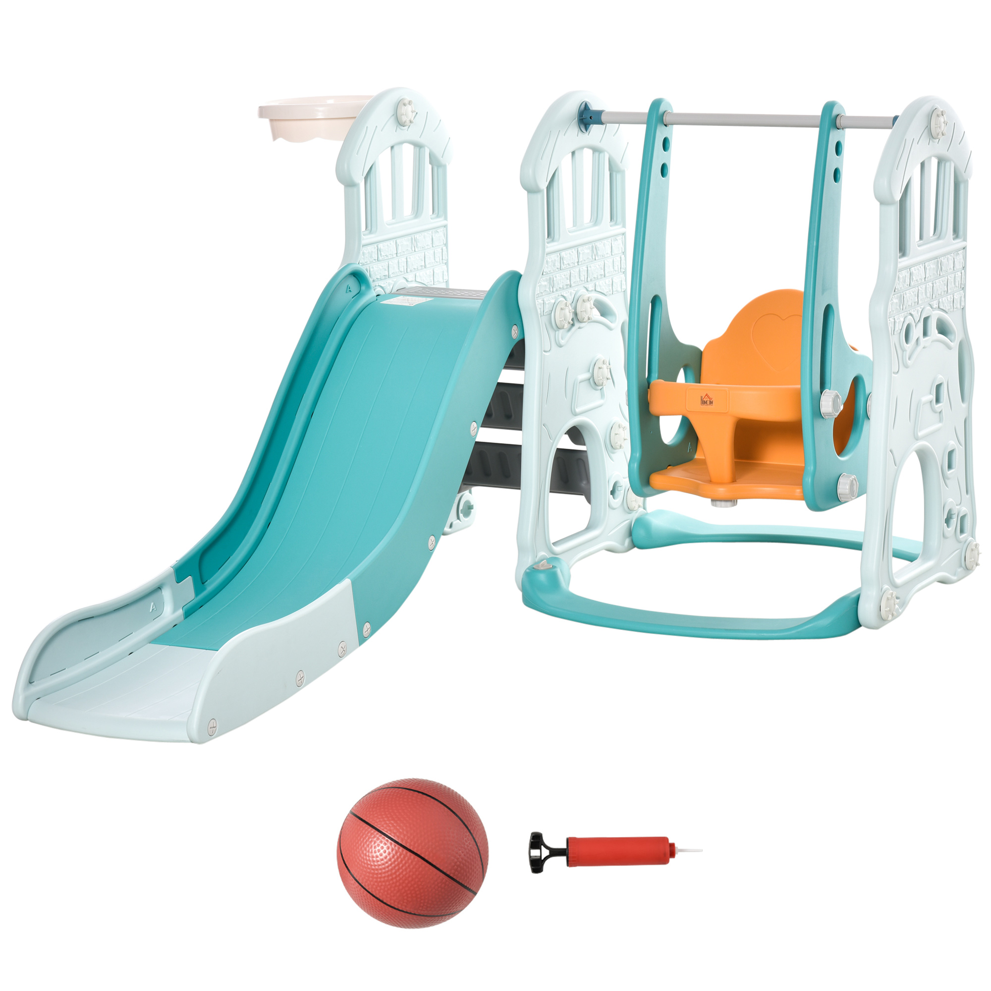 HOMCOM Kids Slide and Swing Set 3 in 1 Playset Basketball Hoop Adjustable Water-fillable Base -... from Aosom IE