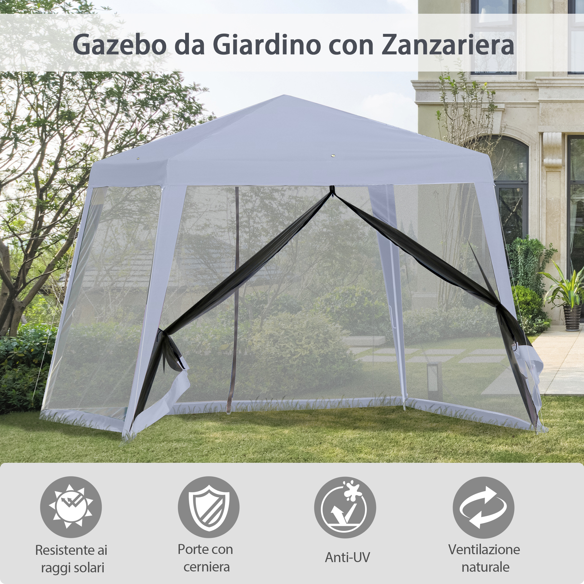Gazebo Da Giardino 3x3m Impermeabile Con Zanzariere - Grigio, Poliestere, Telaio In Acciaio - Foto 3