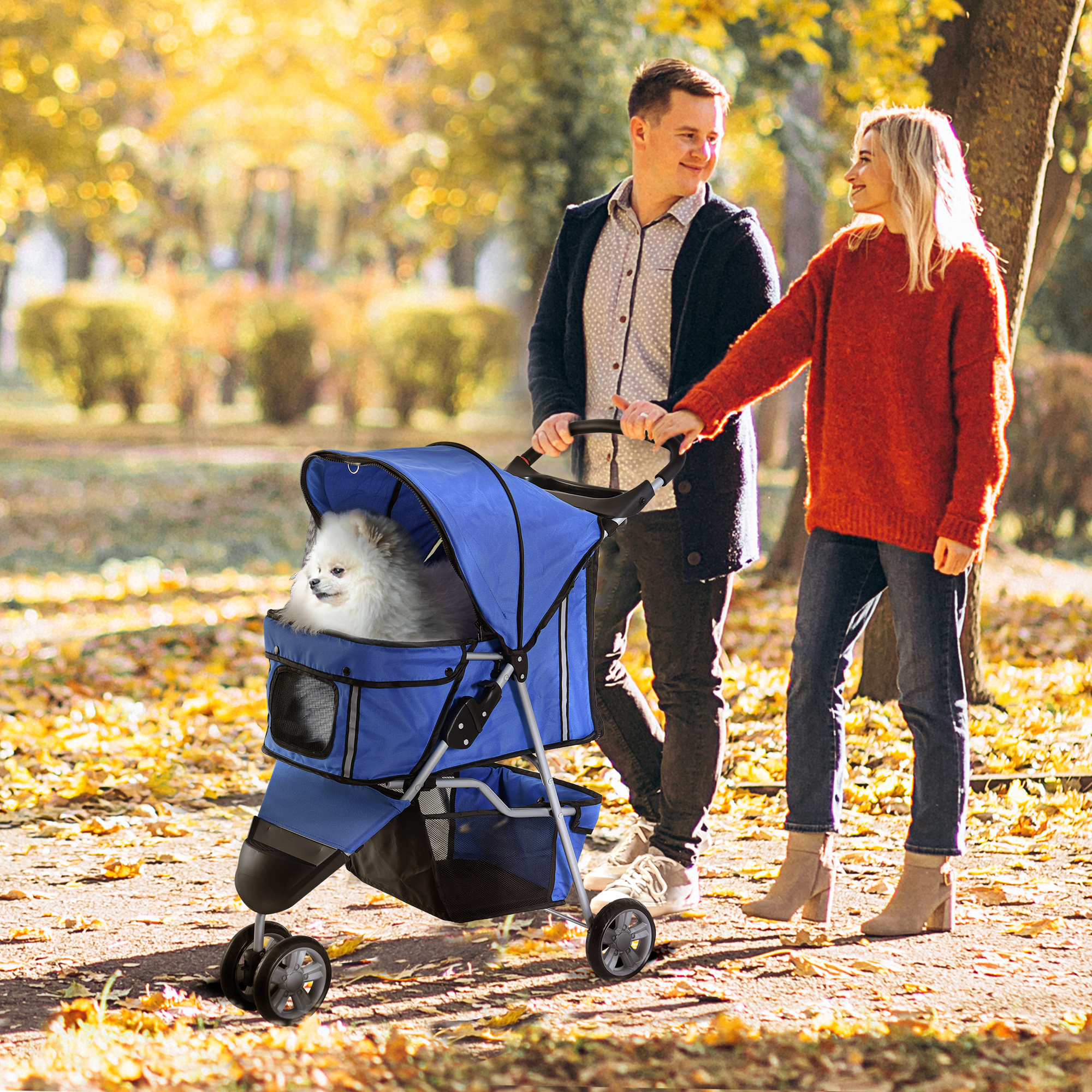 PawHut Pet Stroller for Dogs, Three-Wheel Dog Pushchair, Travel Pram with Storage Basket, Blue