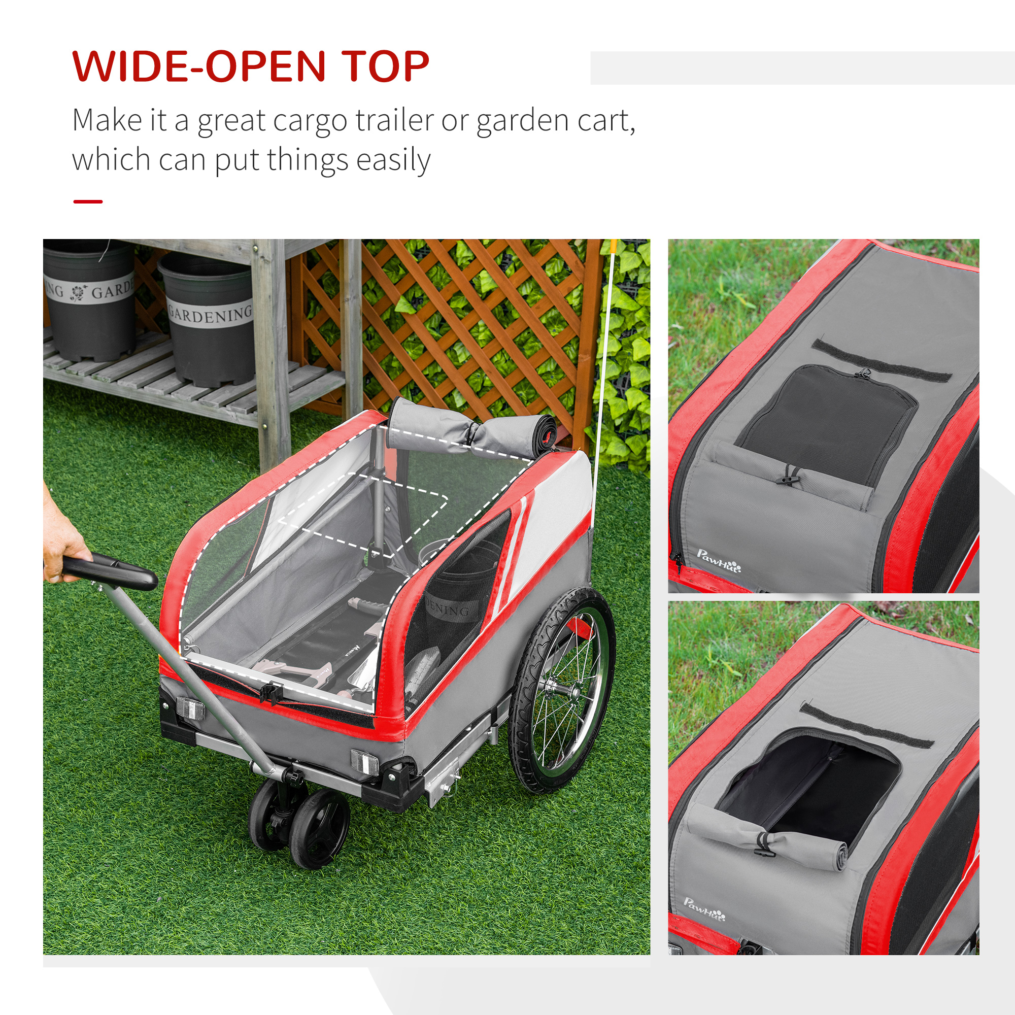 PawHut Dog Bike Trailer Two-In-One Trolley Stroller Cart Bicycle Carrier for Cat Puppy Travel w/ Reflectors Red Flag â€“ Red